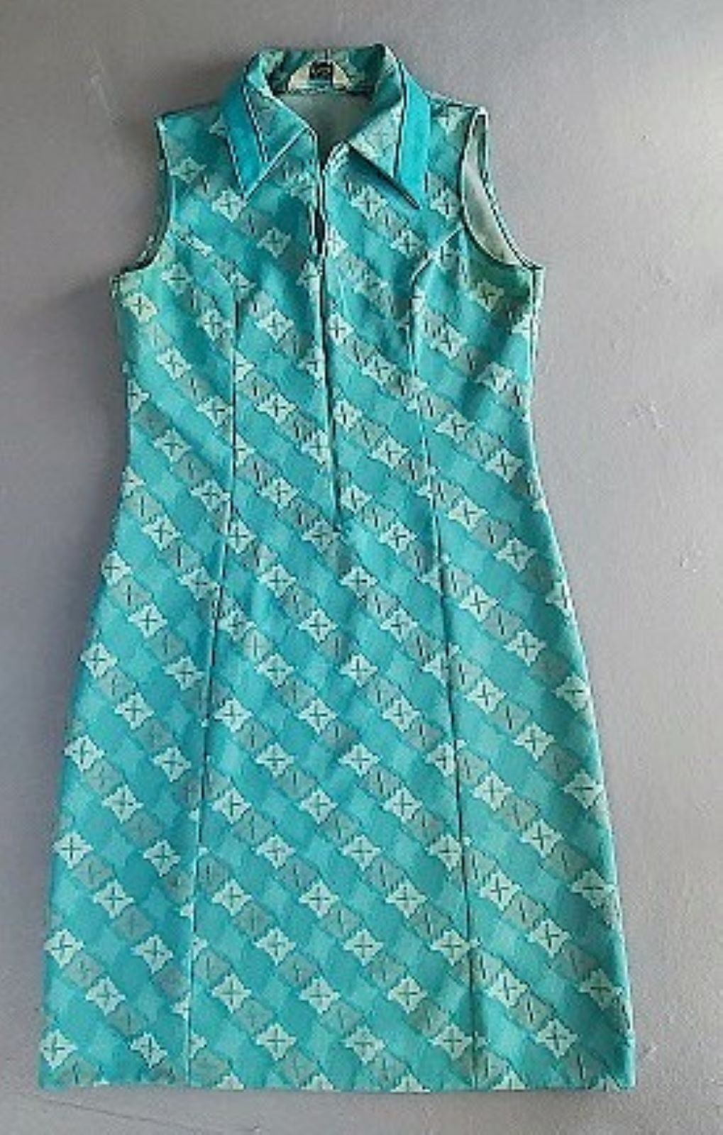 VTG 1970S Geometric Double Knit Shift Dress, Aqua/White Sleeveless Mod Tie L 12