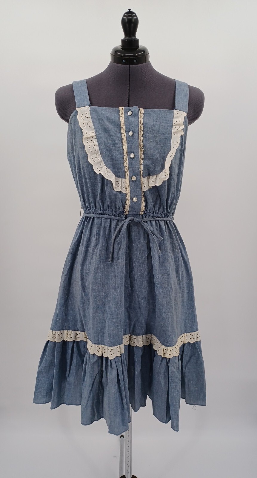Vintage 1970s Julie Miller Of California Chambray White Lace Bib Prairie Dress