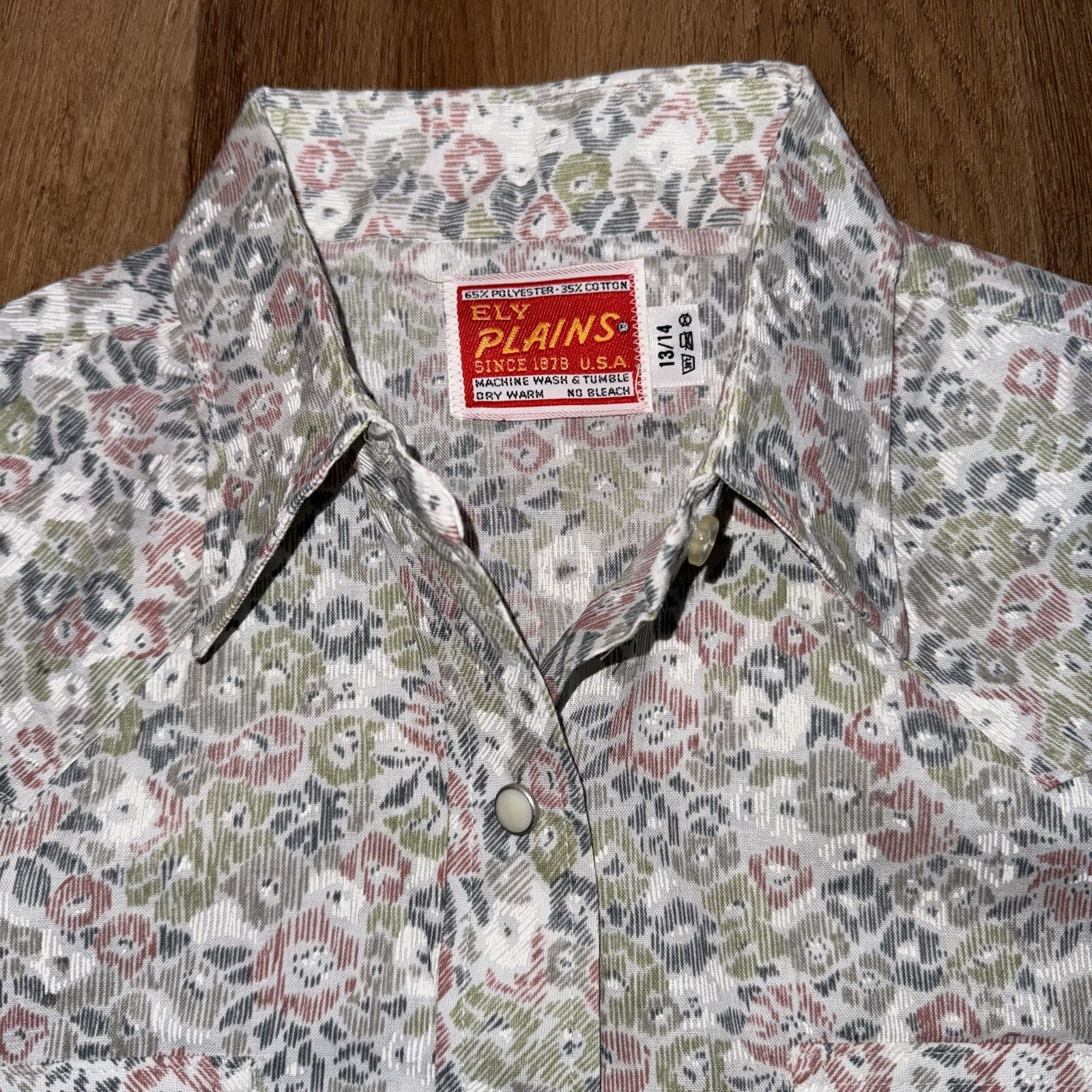Vtg Pearl Snap Shirt Ely Plains Western Rockabilly AOP Floral 70s Size 13 14