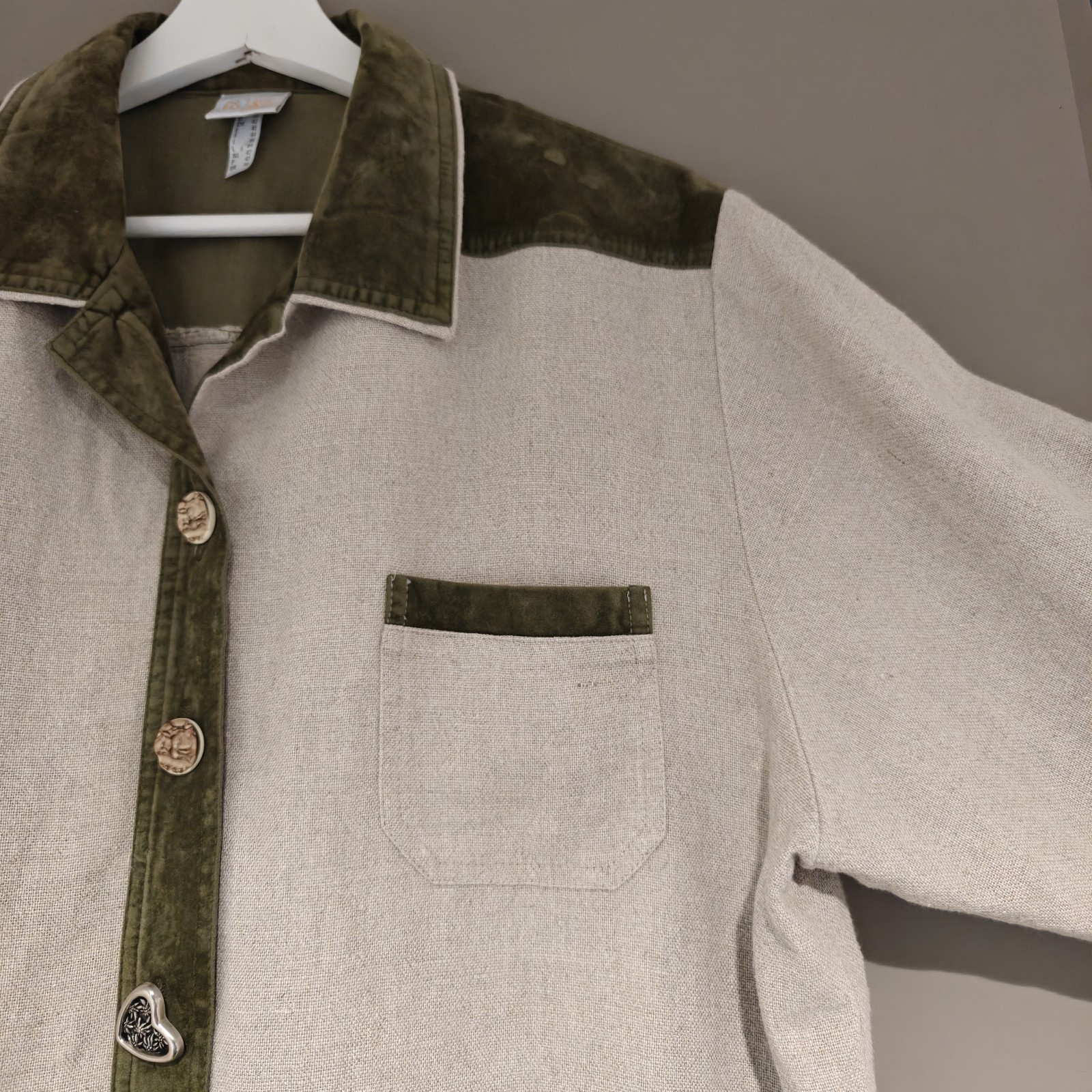Your Sixth Sense C&A Linen Blend Blouse Vintage Beige Khaki Velvet Trim UK 16