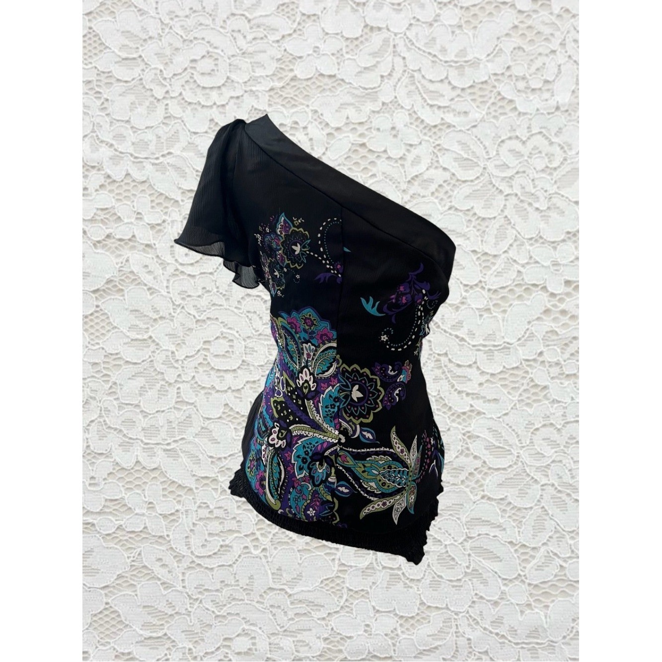vintage y2k one shoulder paisley top with stud embellishments on the neckline