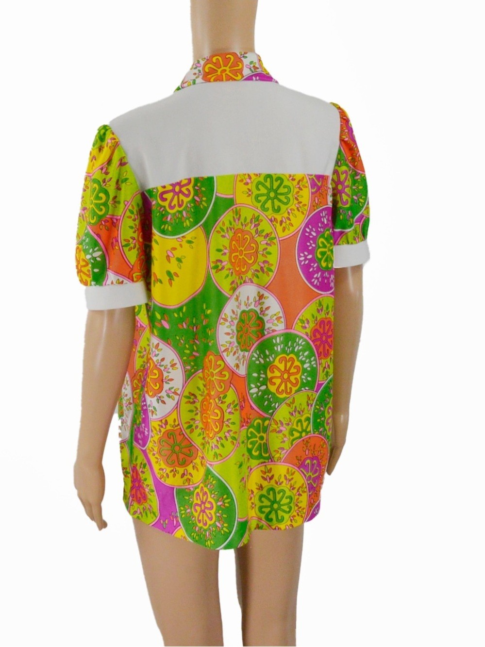 Vintage 60s 1960s Psychedelic Hippie Mod Funky Orange Pink Floral Blouse Top