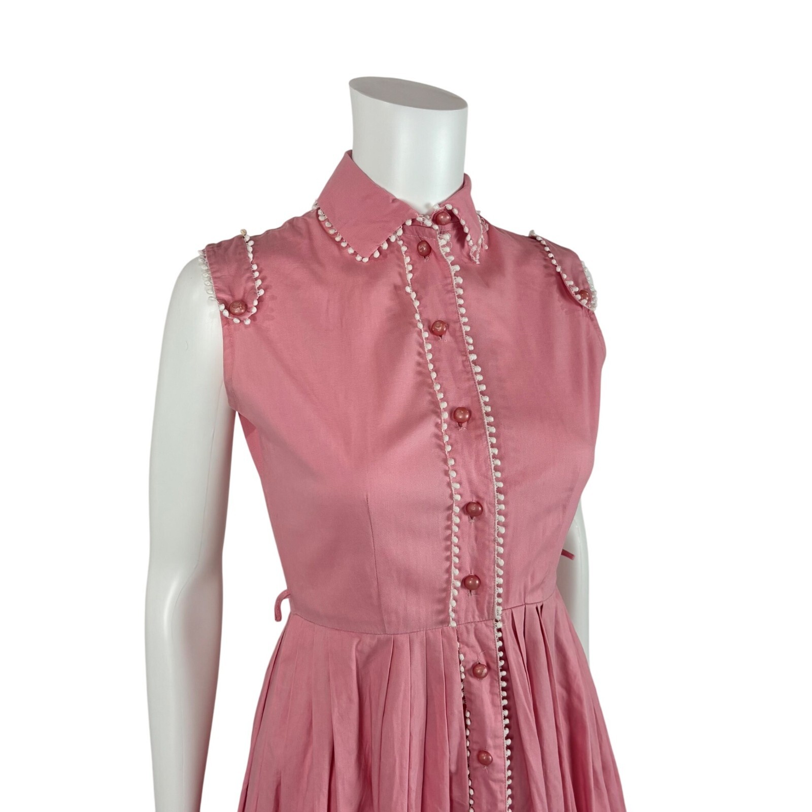 Vintage 50s Pink Shirtdress Women&rsquo;s Size XXS Cotton Scallop Trim Fit & Flare
