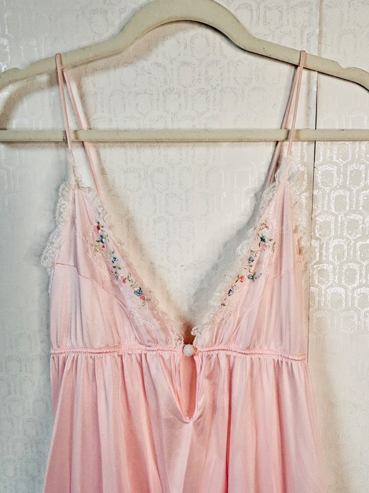 VTG VAL MODE BOHO GODDESS PINK WHITE LACE FLORAL EMBROIDERED NIGHTGOWN DRESS*S