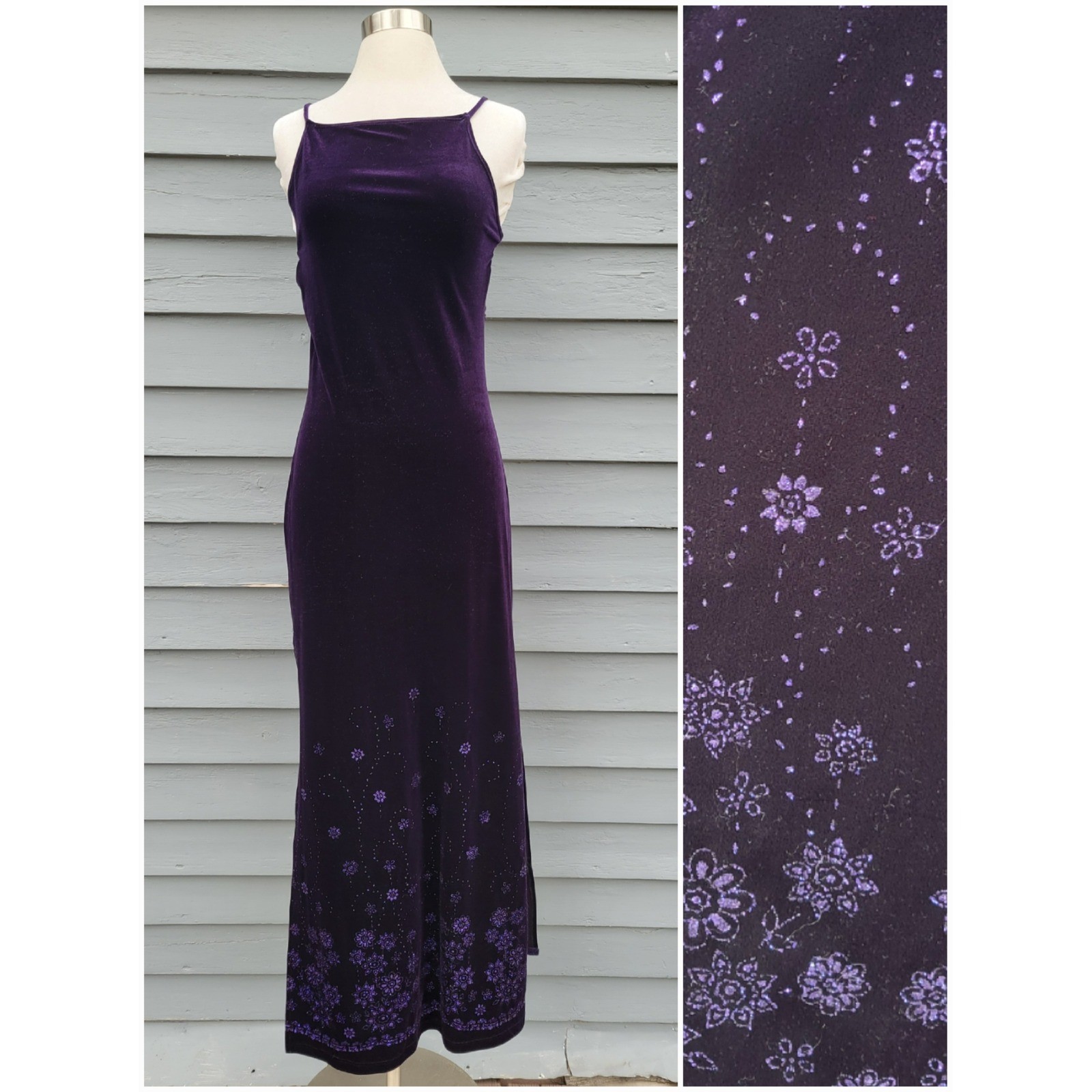 Status Collection Maxi Dress Purple Velvet Glitter Floral Slit Vintage Large