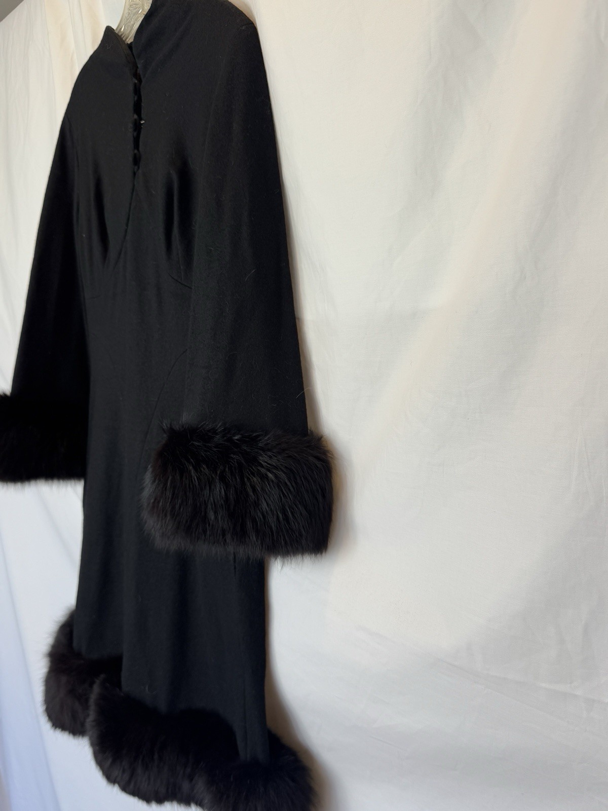 Sandi Monica Vintage Black Wool Coat Dress with Fur Trim