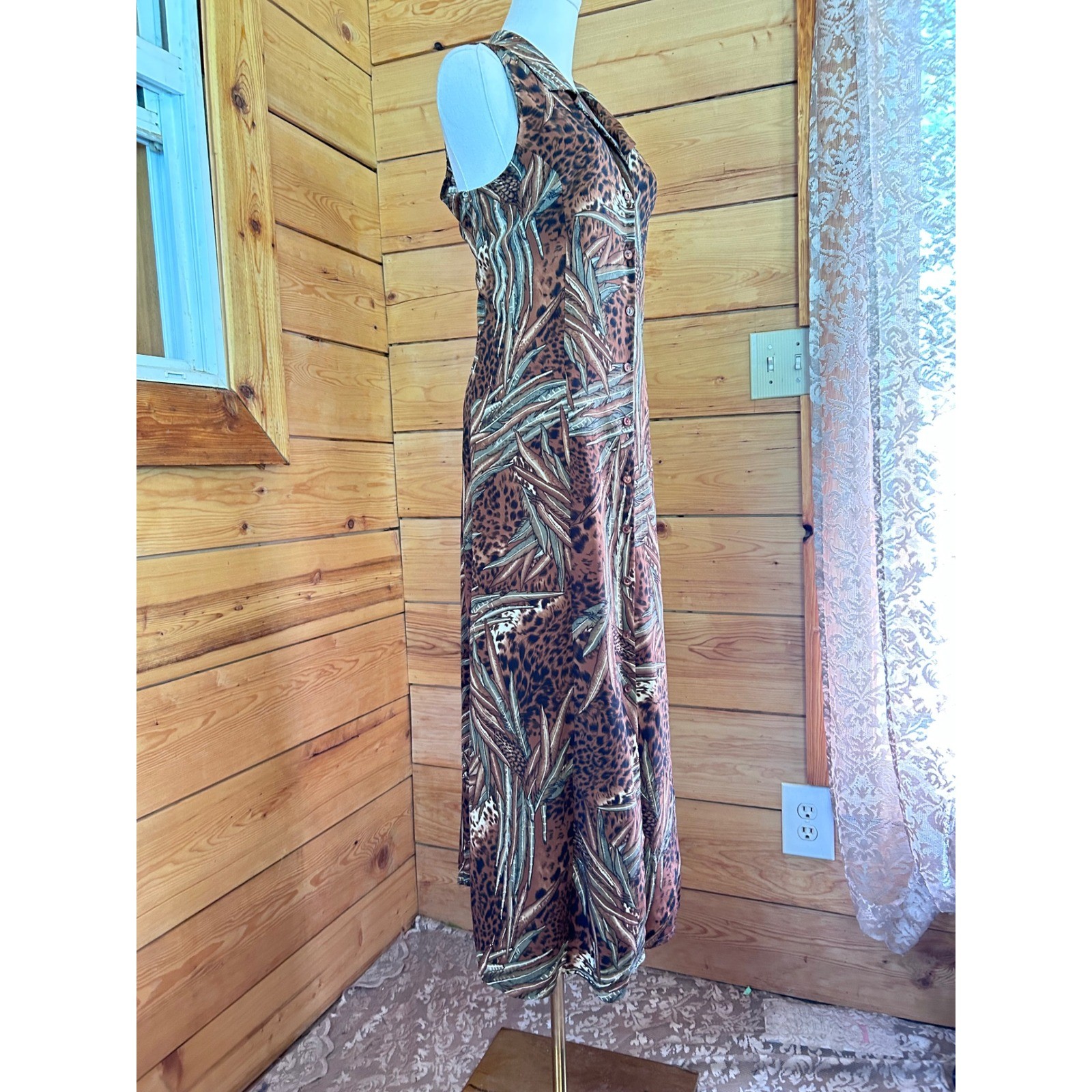 Vintage Maxi Dress Size 14 Brown Leopard Palm Leaf East West Fashions Retro 90&rsquo;s