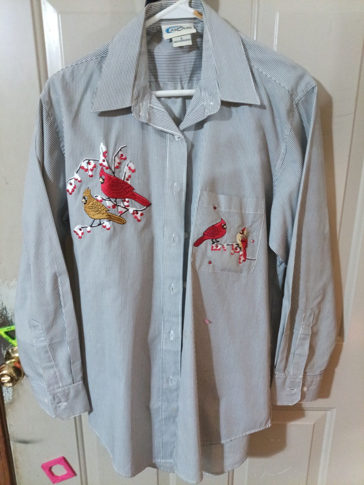 Las olas Womens Button Up S Blue Pin Striped Shirt. Embroidered Cardinals
