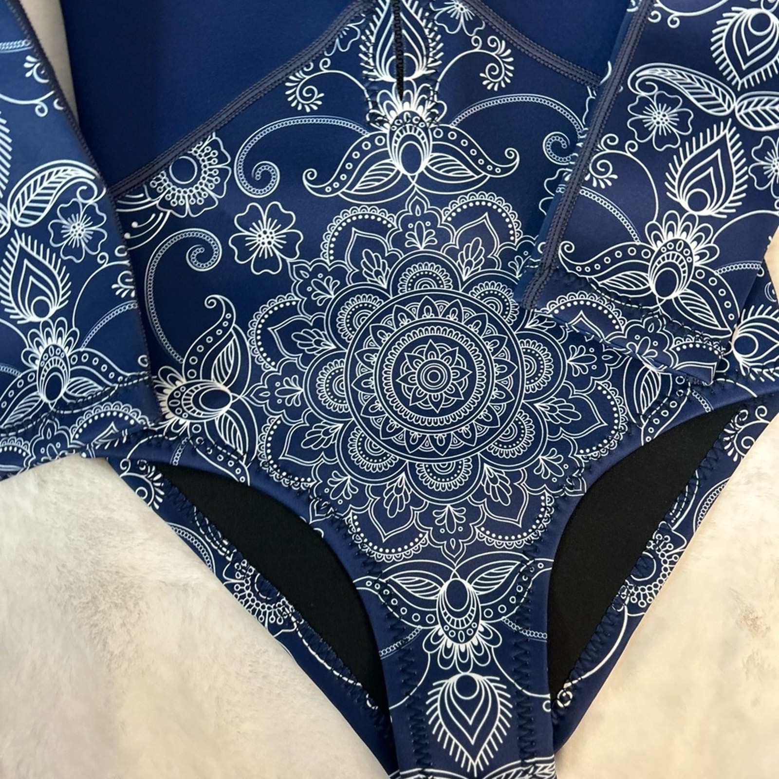 Tilili Mandala Rashguard One Piece Swimsuit Long Sleeve Zip Front Boho Navy 10