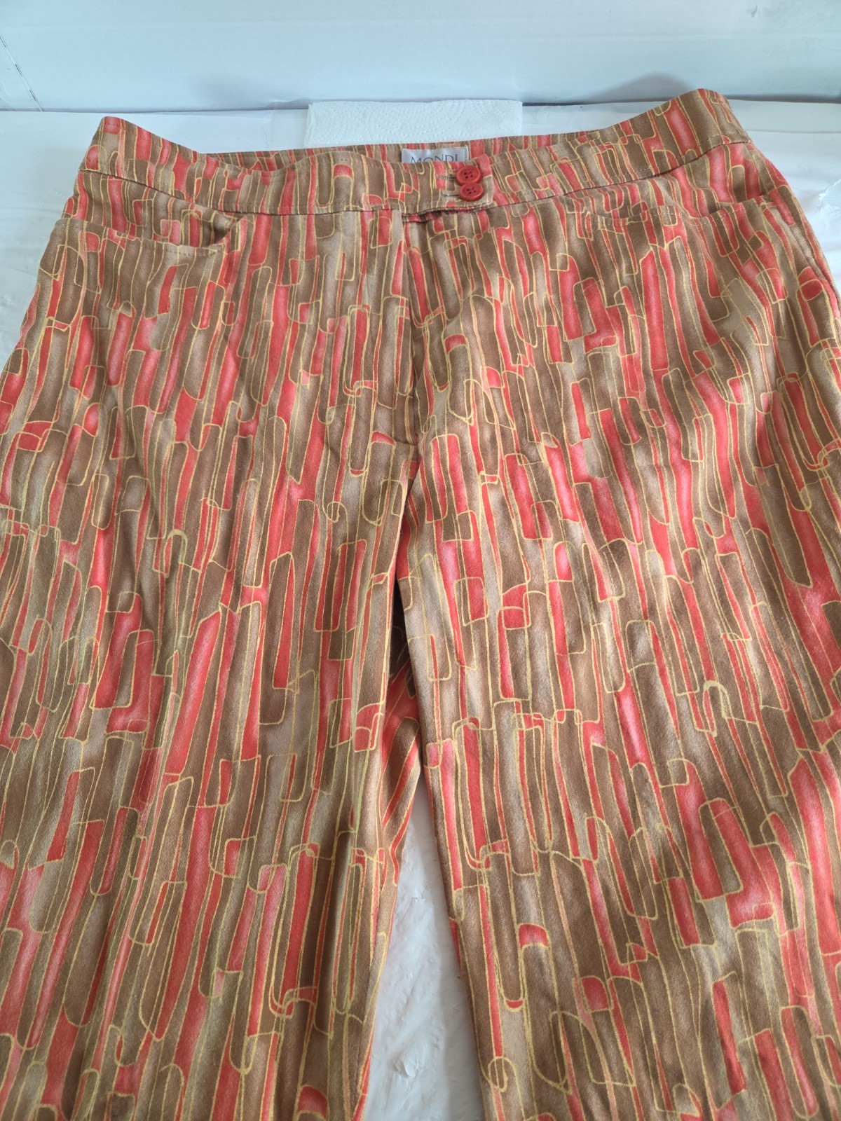 Vintage MONDI Geometric Print High Waist Pants Women EU 42 Cotton Stretch Retro