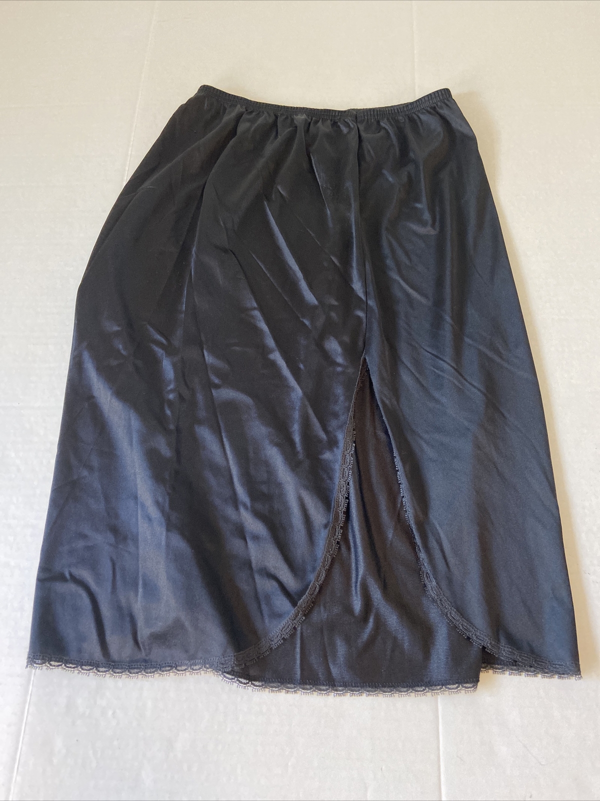 Vintage Vanity Fair Black Slip Silky Skirt Nylon Lingerie Sissy USA High Slit