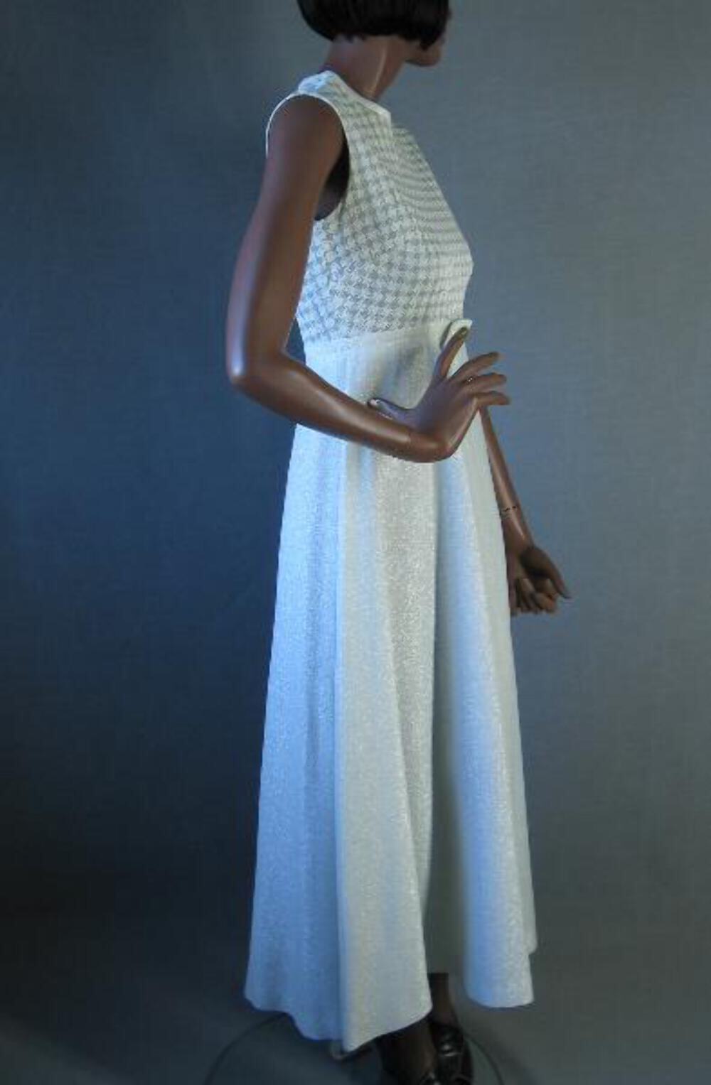 70s VTG Silver White Lurex Metallic Maxi Dress and Cropped Bomber Jacket Outfit