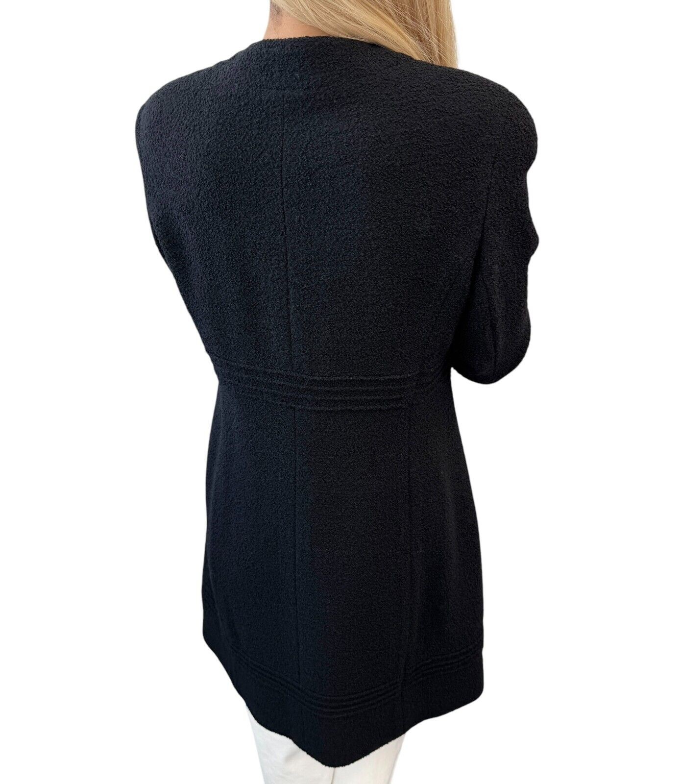 CHANEL Vintage CC Logo Long Tweed Jacket #M Coat Black Gold Wool Silk 105043