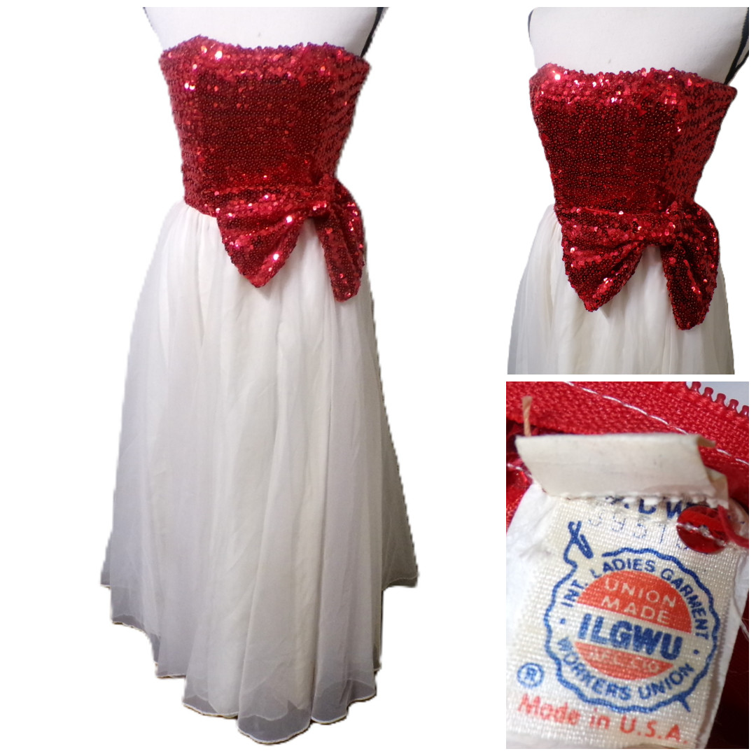 Vtg 70s Strapless Dress XS Red Sequin Bow Ivory Chiffon Kitschy-Chic Prom Disco