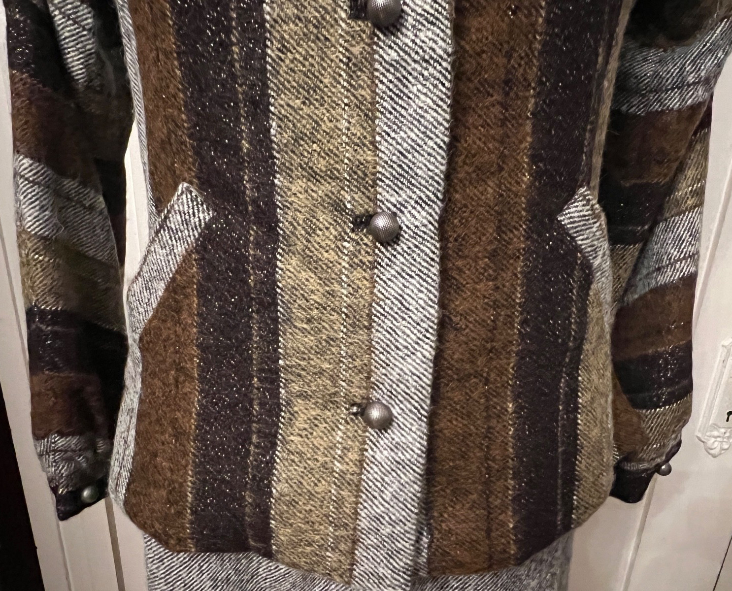 Vintage Ruth Matthews Design Tweed Wool Skirt Suit Black Brown Tan Grey Size 10
