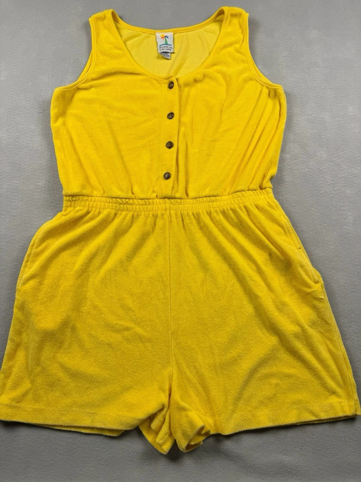 Vtg Sears Women’s Yellow Terry Cloth Romper Tropical Escape Beach 80’s One Piece