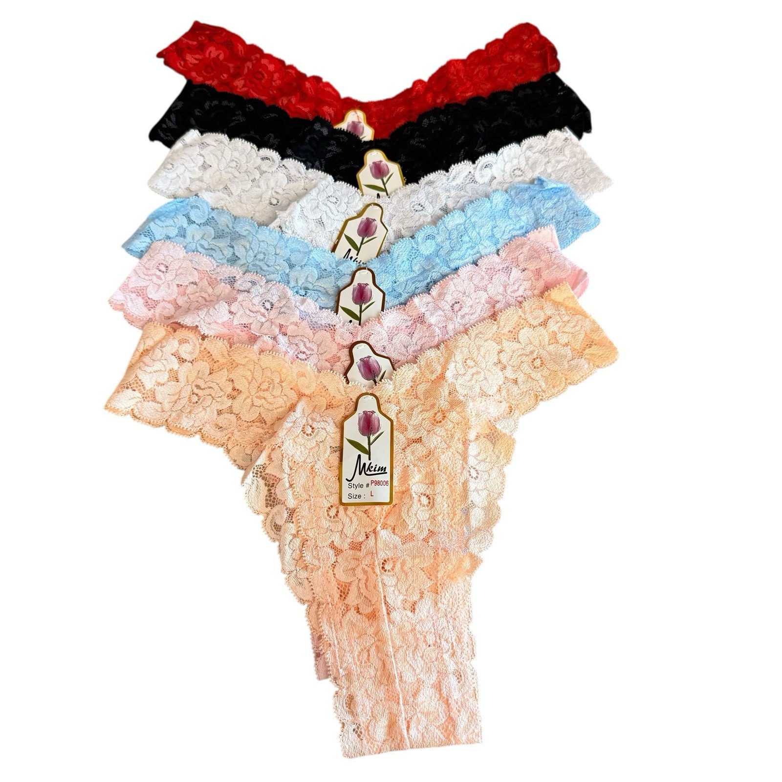 6 Pack Women&rsquo;s Lace Thong Panties Size Large Semi Sheer Embroidered Nylon Hi Cut