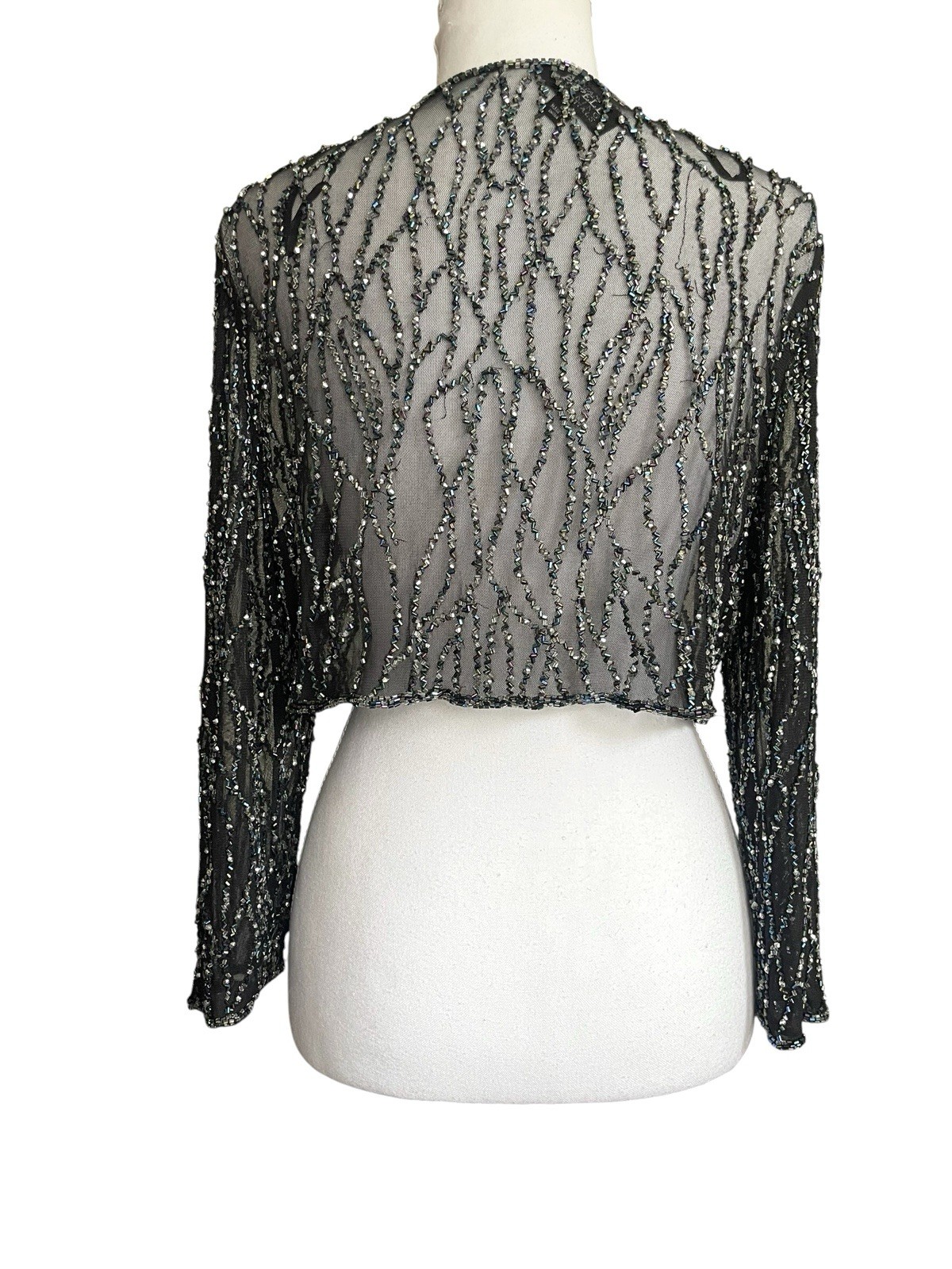 Vintage 90s Sheer Mesh Beaded Bolero Shrug Sz L Old Hollywood Glamour Whimsigoth
