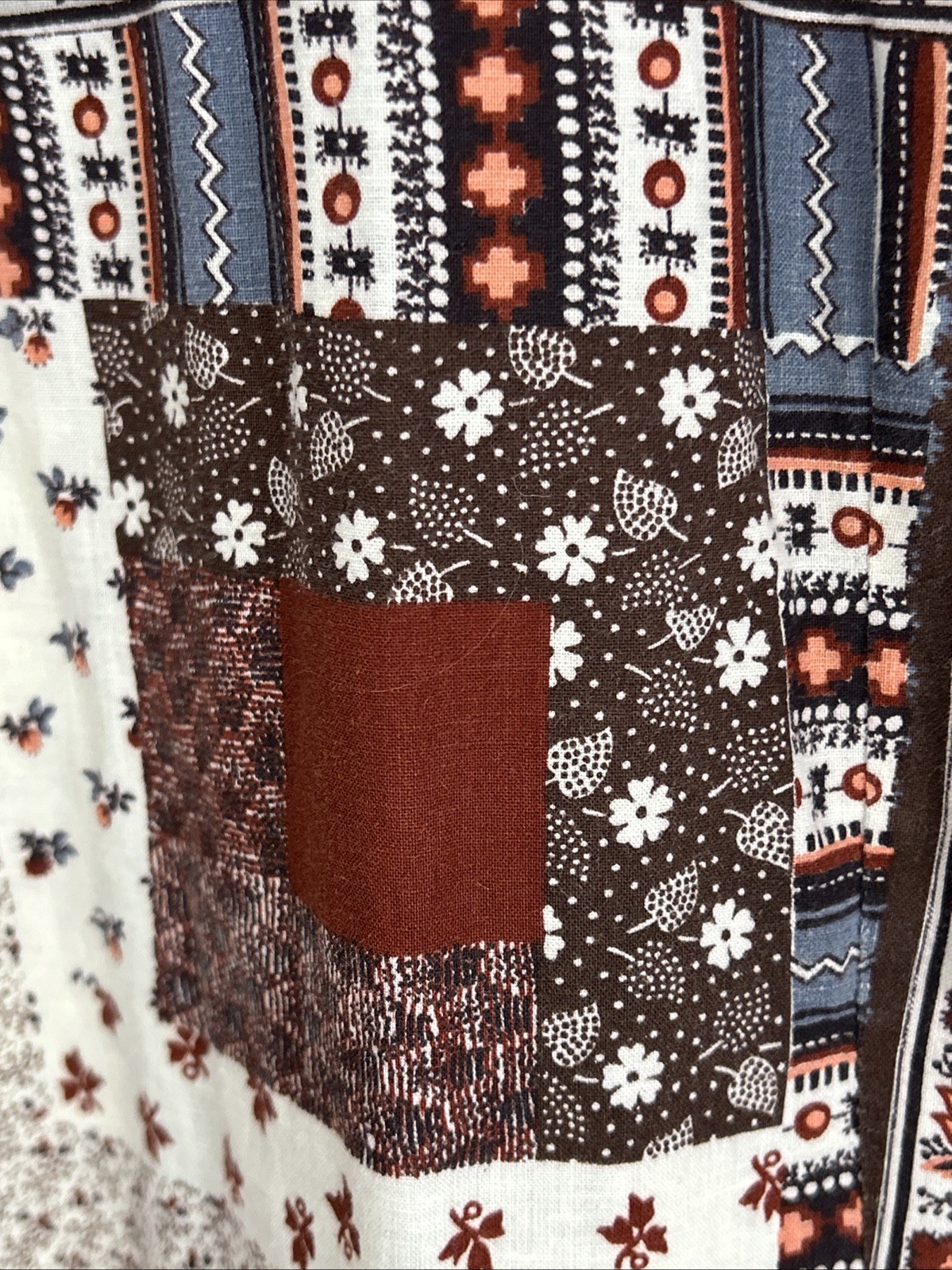 Vintage Patchwork Dress Prairie Removable Collar Homemade Brown Beige Blue