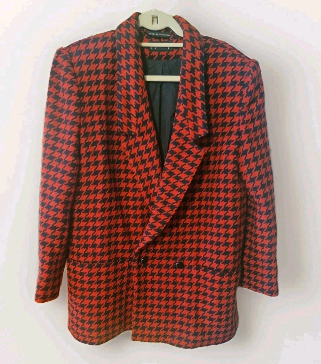 Women&rsquo;s Vintage Giorgio Sant Angelo Wool Houndstooth Plaid Blazer Jacket. Sz 14