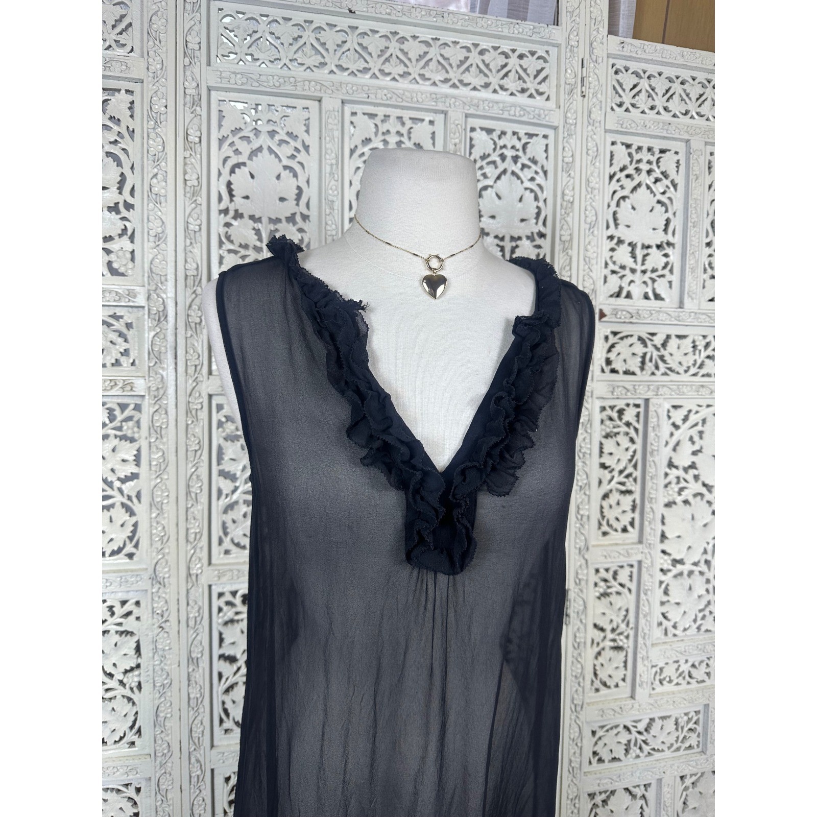 Vintage GAP Black Sheer 100% Silk Whimsygoth Ruffle Nightgown Dress Sz Medium