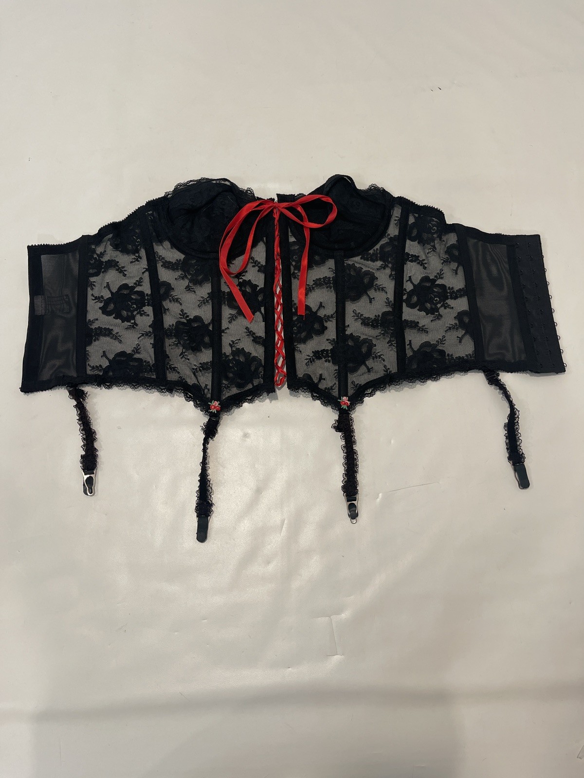 VTG 1983 Gold Seal Bustier Bra Lace Black w/ Red Trim Sz 34B Sexy Lace Honeymoon