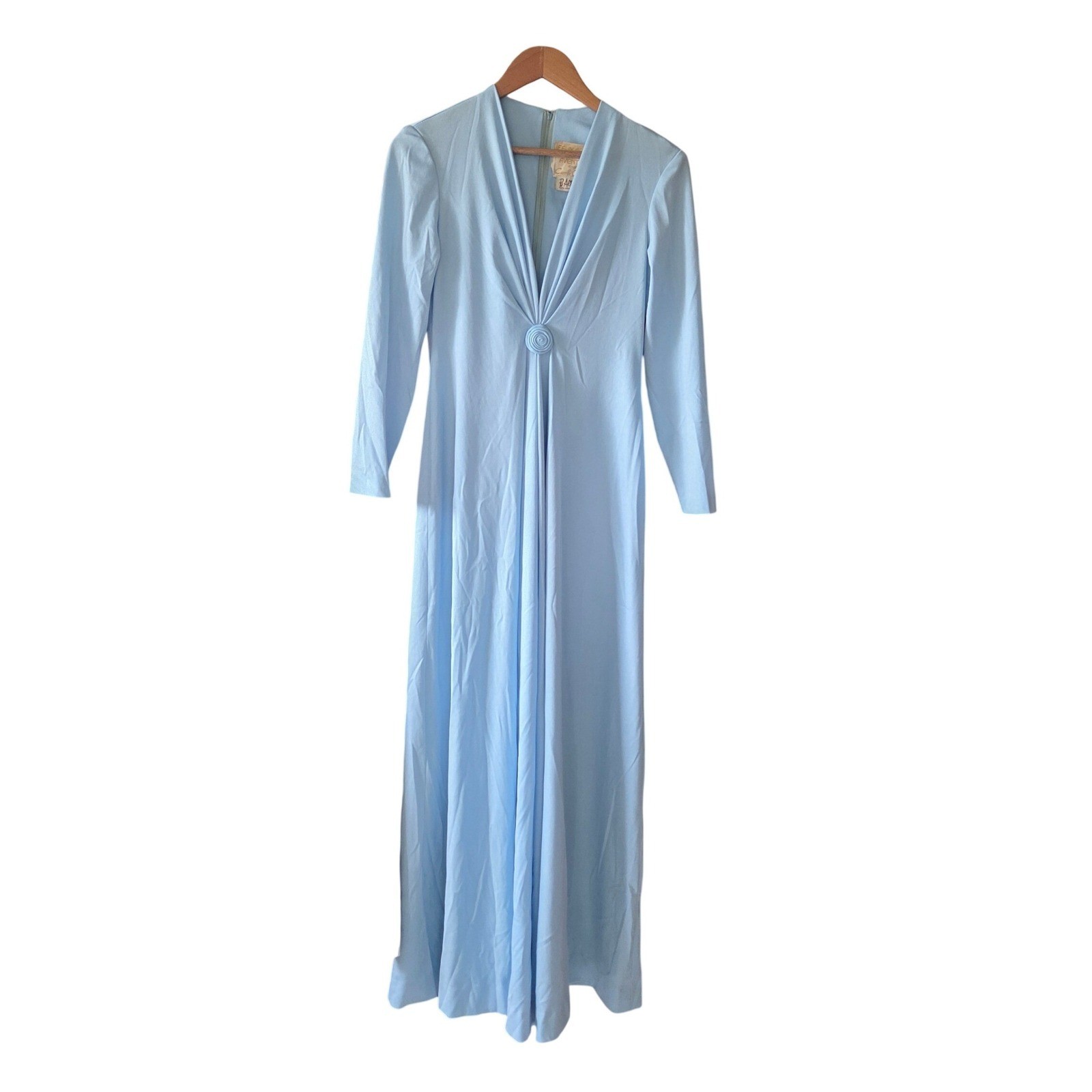 VTG 70s Felix Arbeo B Altman Blue Twist Maxi Dress Disco Goddess Gown Plunge