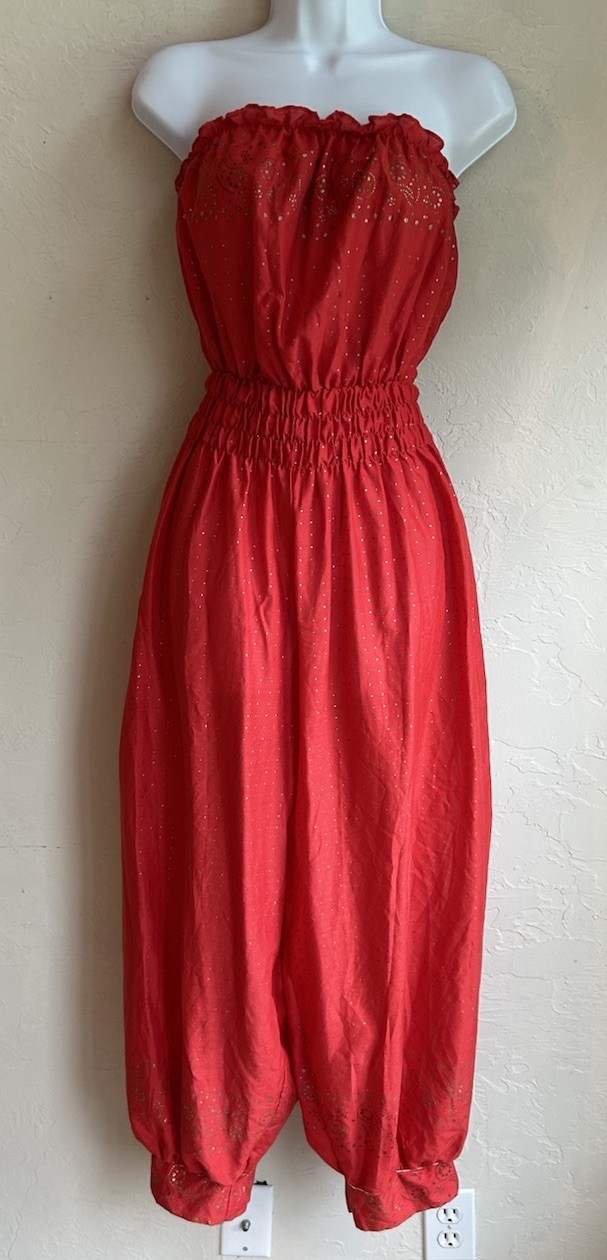 Vintage 1970s Strapless Jumpsuit Duster Set L Red Gold Harem Balloon Boho Disco
