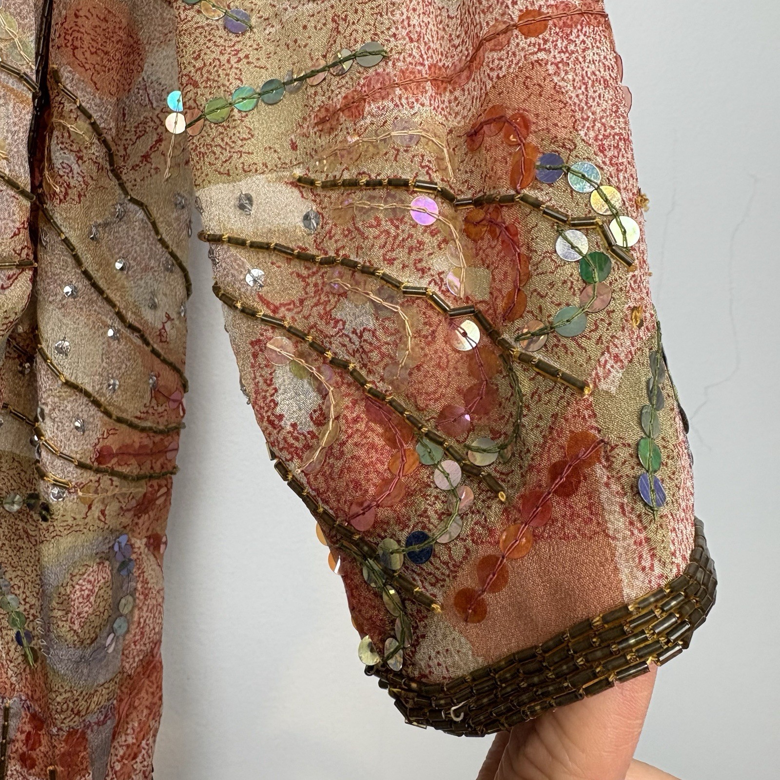 Vtg Judith Ann Creations Sequin 100% Abstract Silk India Long Sleeve Dress