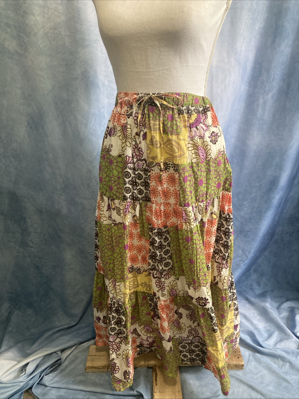 Vtg 90s Y2K White Stag Patchwork Cotton Maxi Skirt Small Tiered Boho Peasant EUC