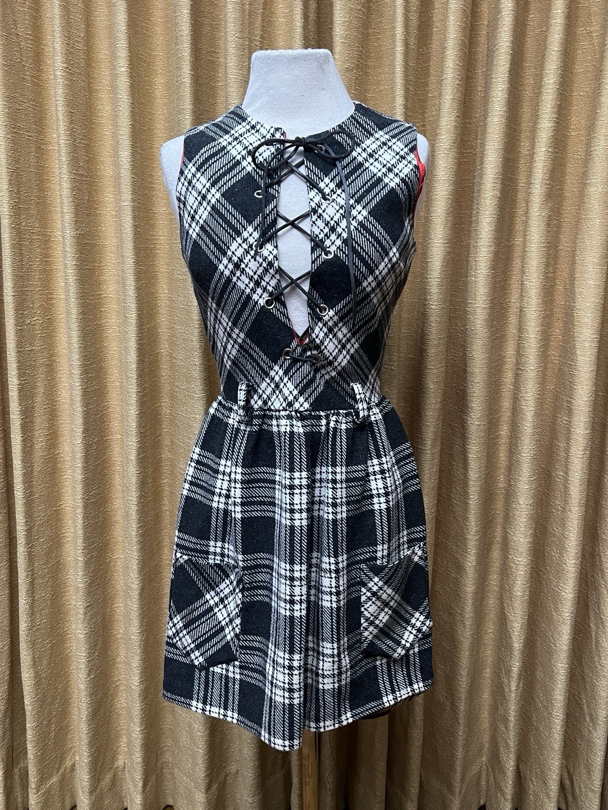 Vintage 1970s Black And White Plaid Lace Up Corset Wool Pinafore Dress