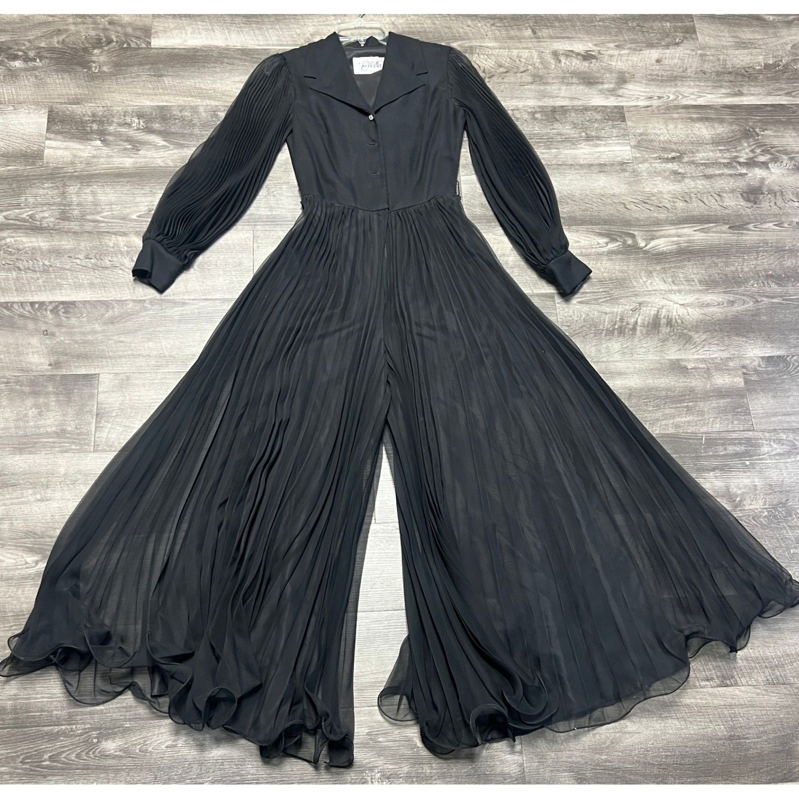 VTG Miss Elliette California Sz 10 Black Pleated Jumpsuit Wide Leg Sheer Sleeve