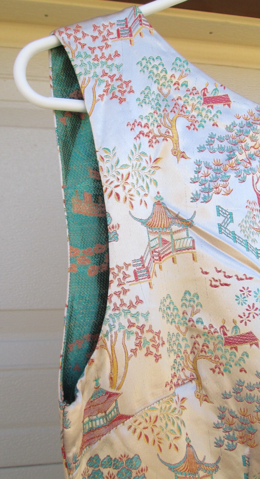 Asian Silky Cocktail Dress Peach Red Yellow Turquoise Blue Landscape Vintage