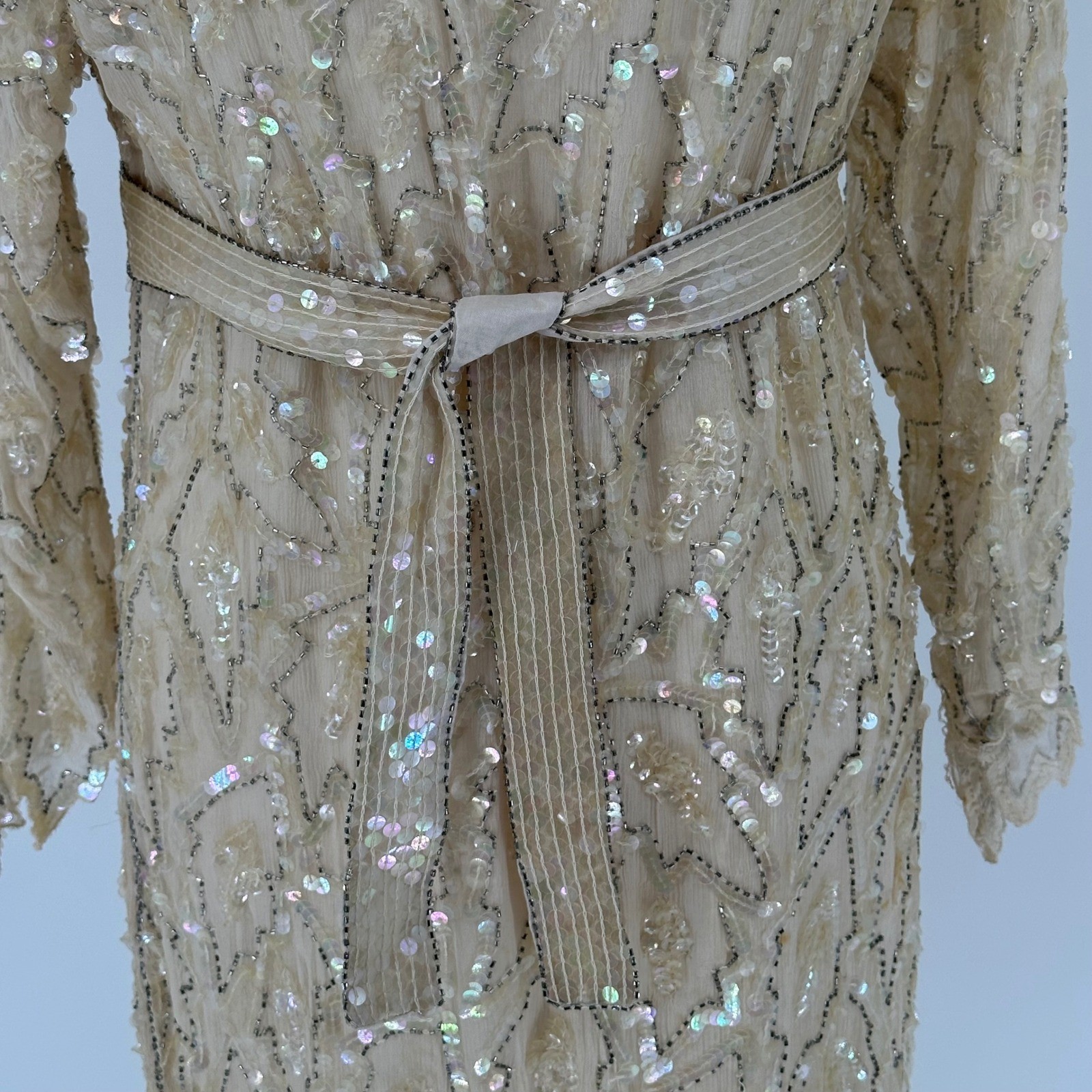 Vintage Whimsy Flapper Art Deco Swee Lo Champagne Silk Beaded Sequin Dress READ