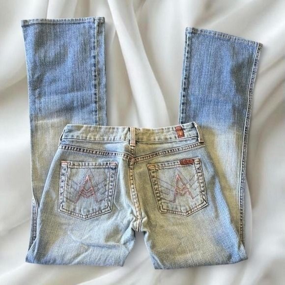 Y2K vintage 7 For All Mankind light wash pink stitch A-pocket Dojo bootcut jeans