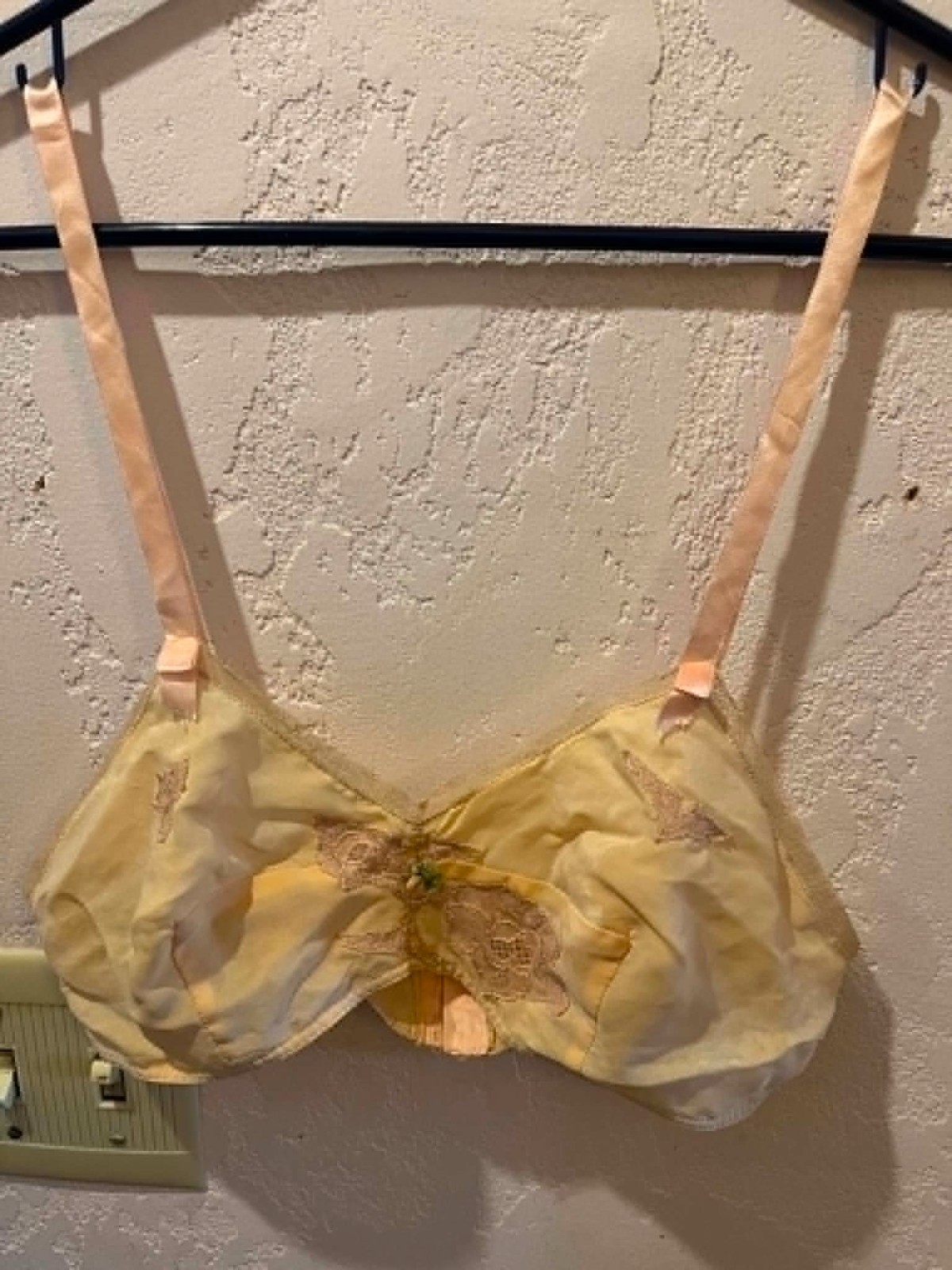 RARE vintage 1920s 30s Peach Pink Satin Lace Bra Antique Lingerie Bralette S/M