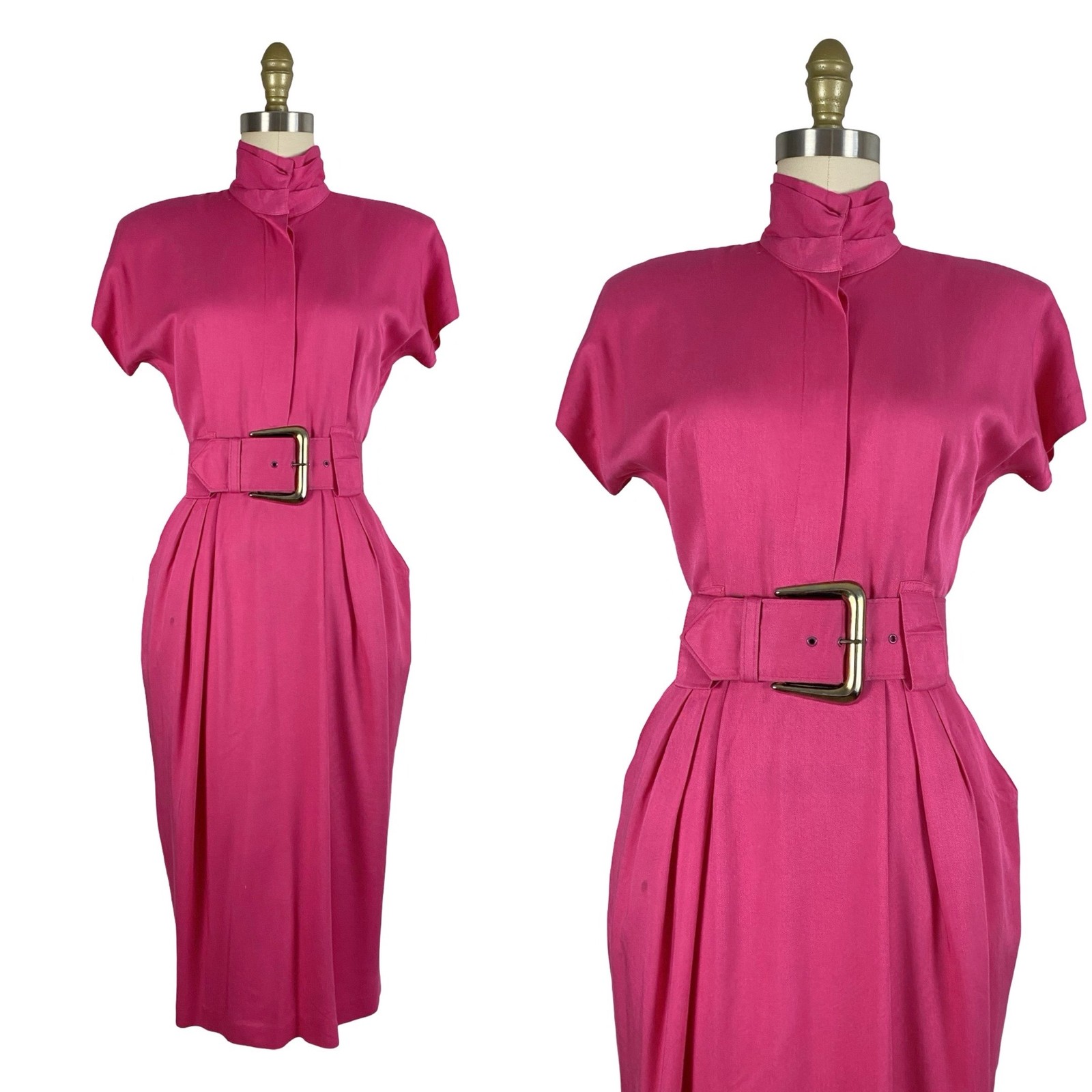 Vintage 1980&rsquo;s Hot Pink Rayon Power Dress with Belt by Rabbit Designs | Size S