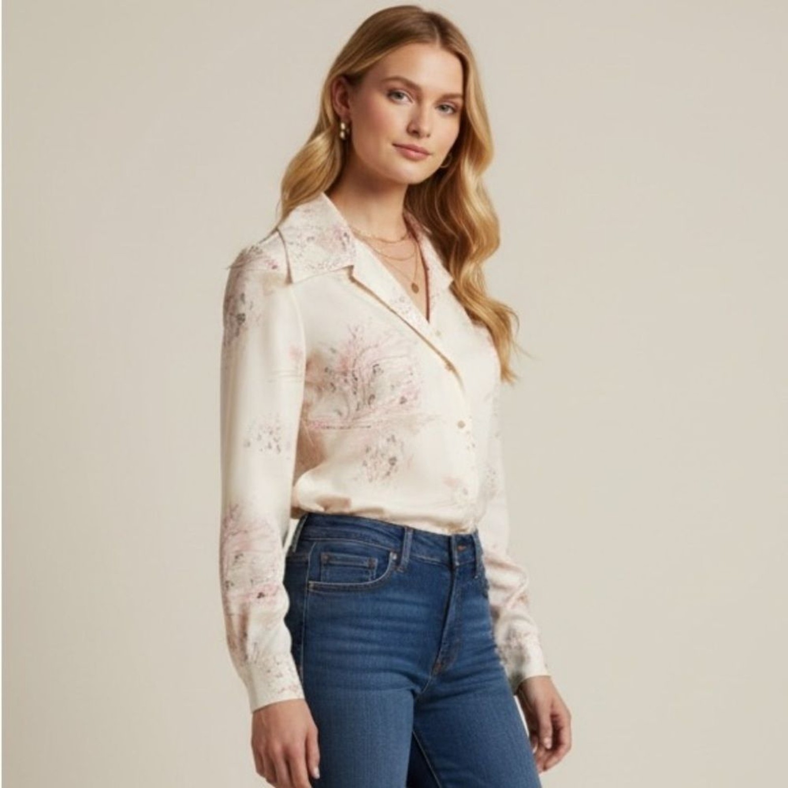 Queen Casuals Ivory Pink Abstract Print 70s Dagger Collar Button-Up Blouse