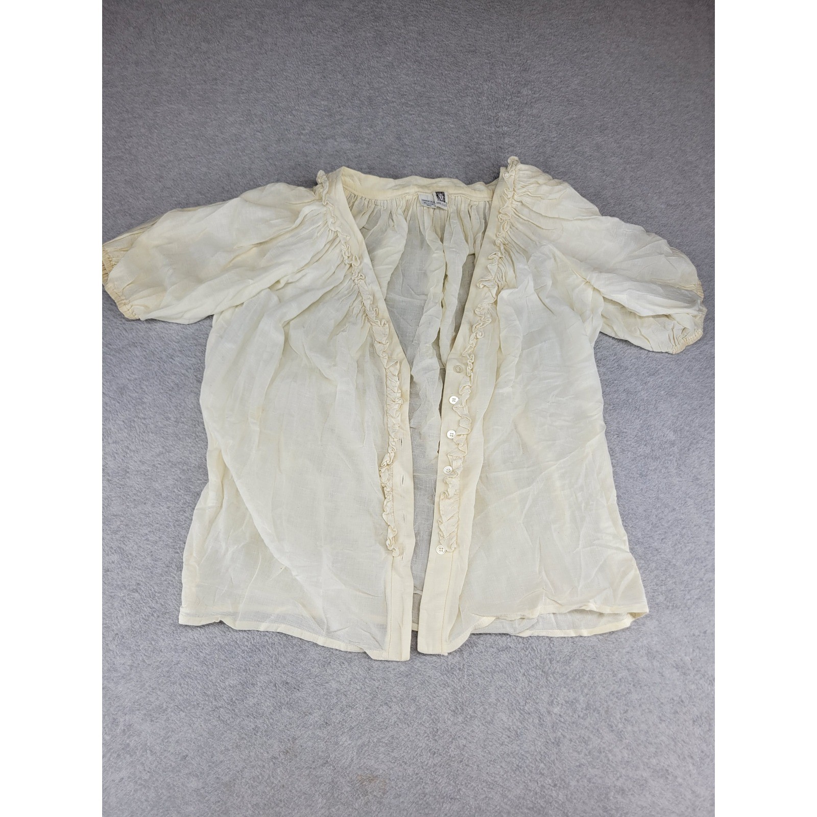 Vintage Anne Klein Ivory Ruffle Peasant Blouse Short Sleeve Cream Gauze Top
