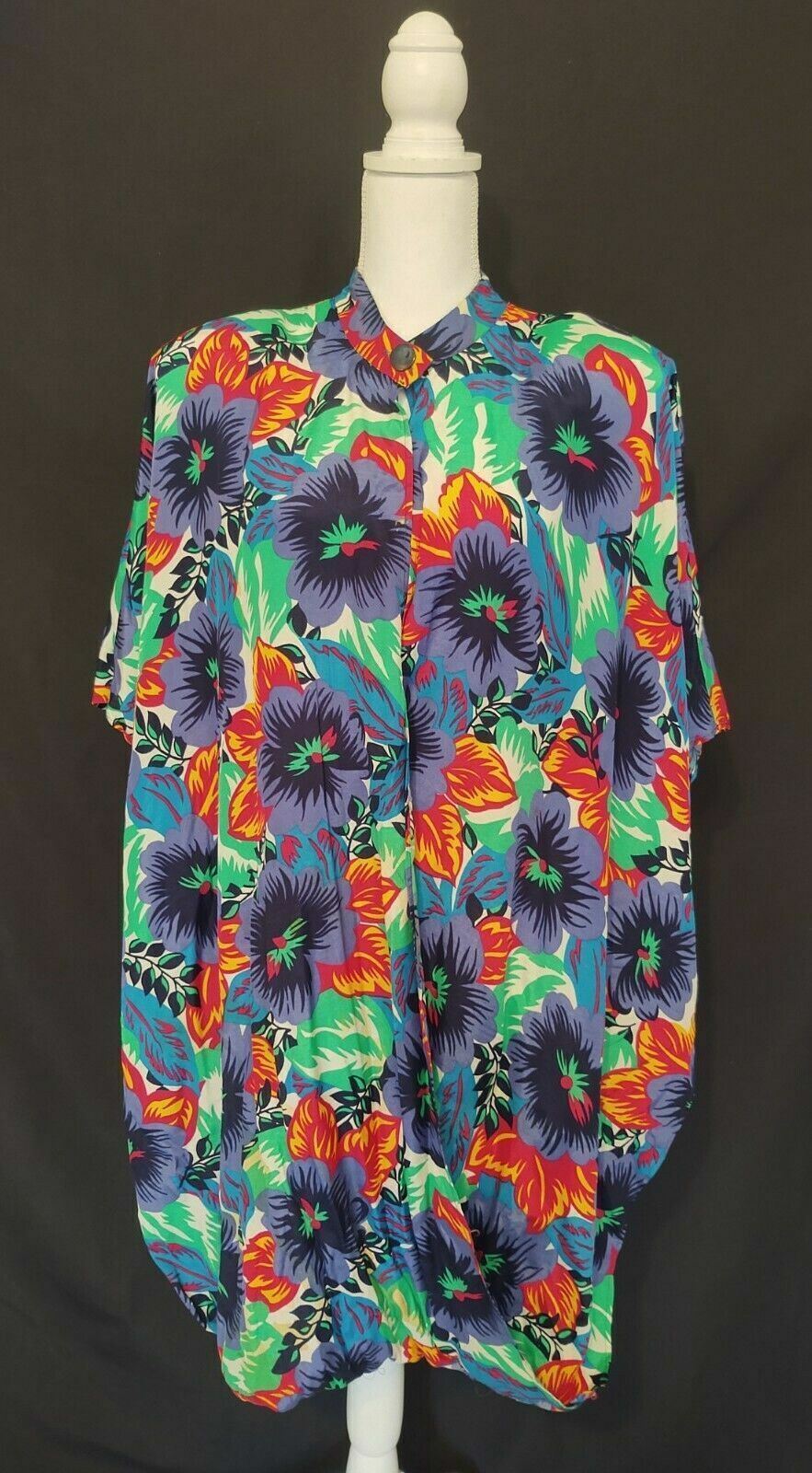 80&rsquo;s Vintage Cover Up Shirt April Rain Swim Beach Dress Rayon Tropical Floral 16