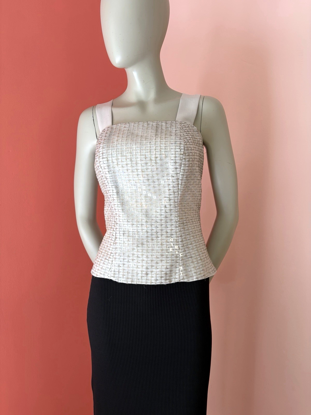 VTG 90s Y2K Sequin Silk Square Neck Wide Strap neutral gray Formal Corset top M