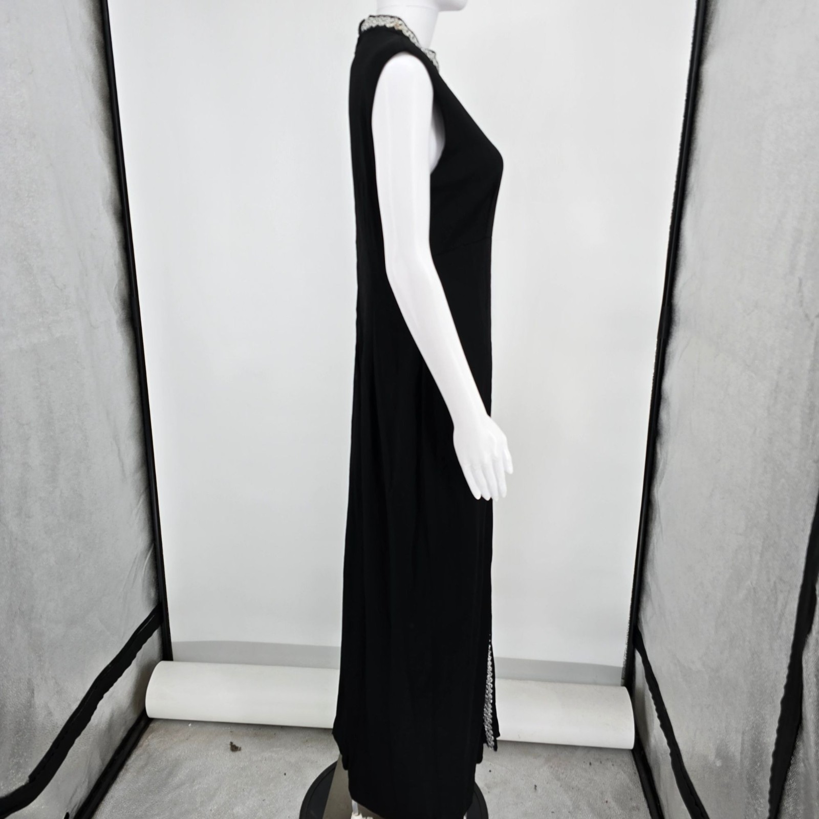 Vintage Early 1970s Black Keyhole Neck Sleeveless Column Maxi Dress (Size 4/S)