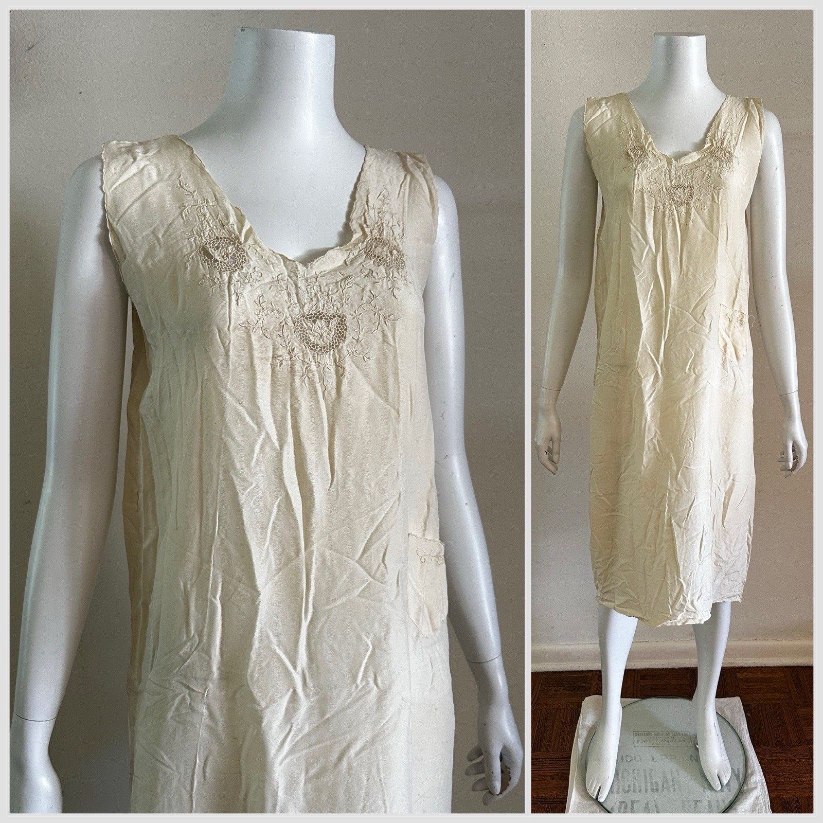1930s Ivory Rayon Crepe Slip Dress AS-IS Filet Lace Embroidered Pocket DAMAGED