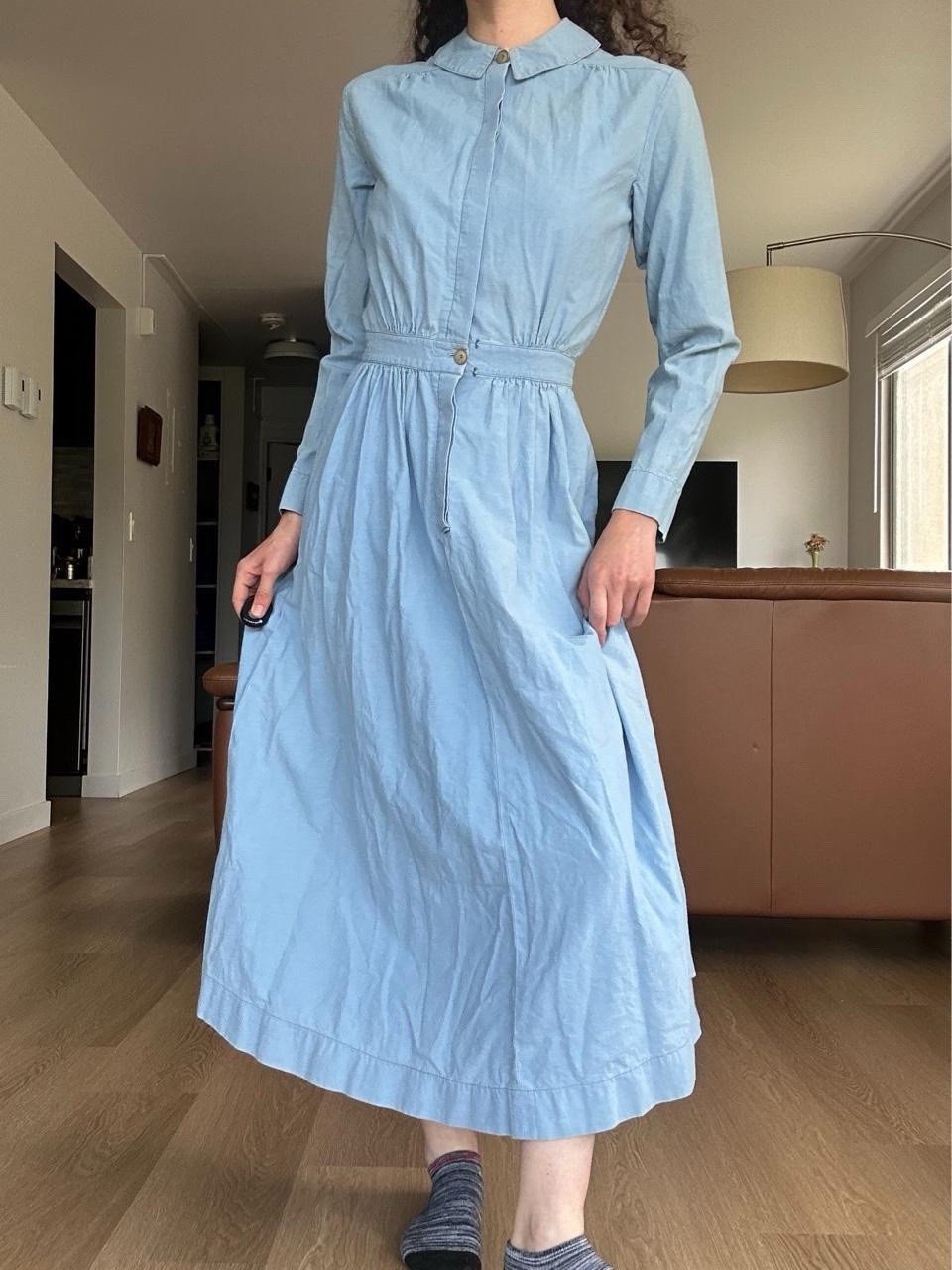 Vintage 1970s Handmade Western Chambray Dress Peter Pan Collar