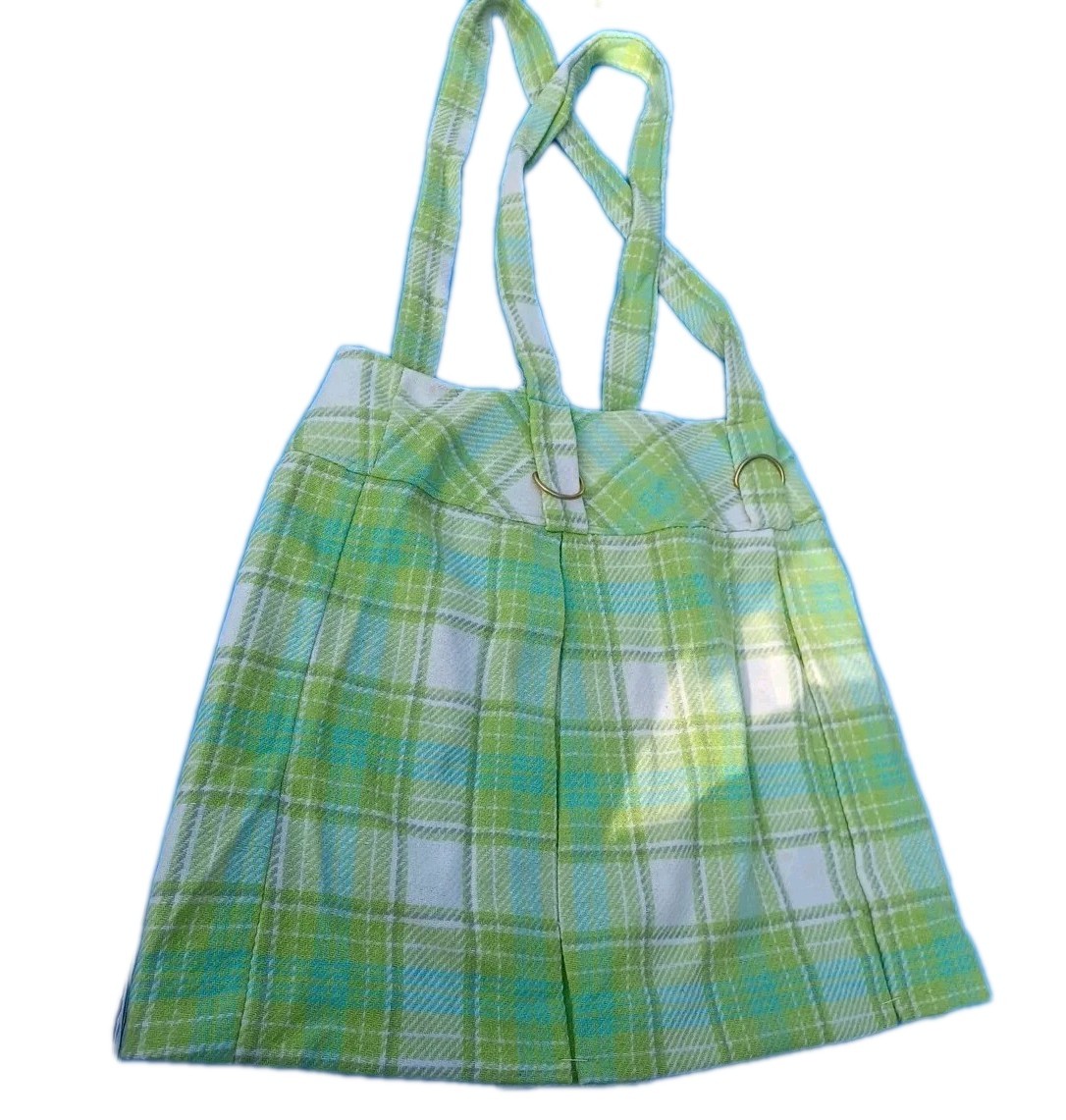 Vtg Miss Holly Wool Pleated Skirt Suspenders Green White Blue Plaid Japan NOS