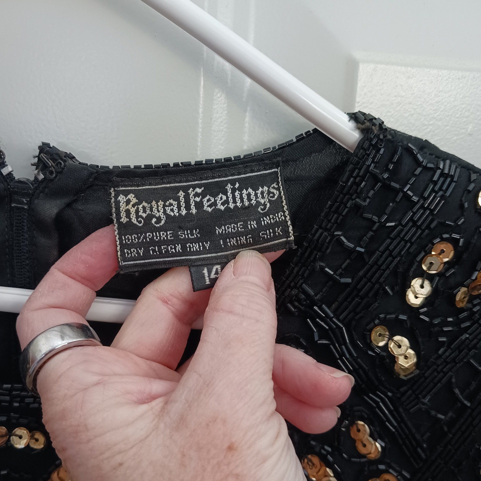 Vintage Royal Feelings Silk Beaded Sequin Dress Black Gold Cocktail Party Sz M