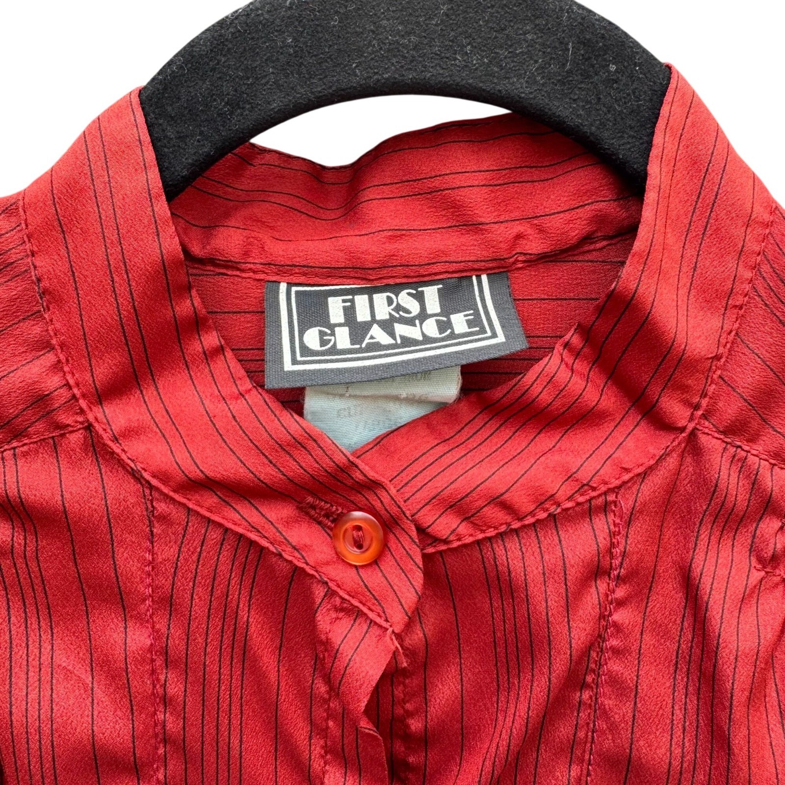 First Glance Vintage 80s Secretary Core Pinstripe Smocked Pinstripe Blouse L