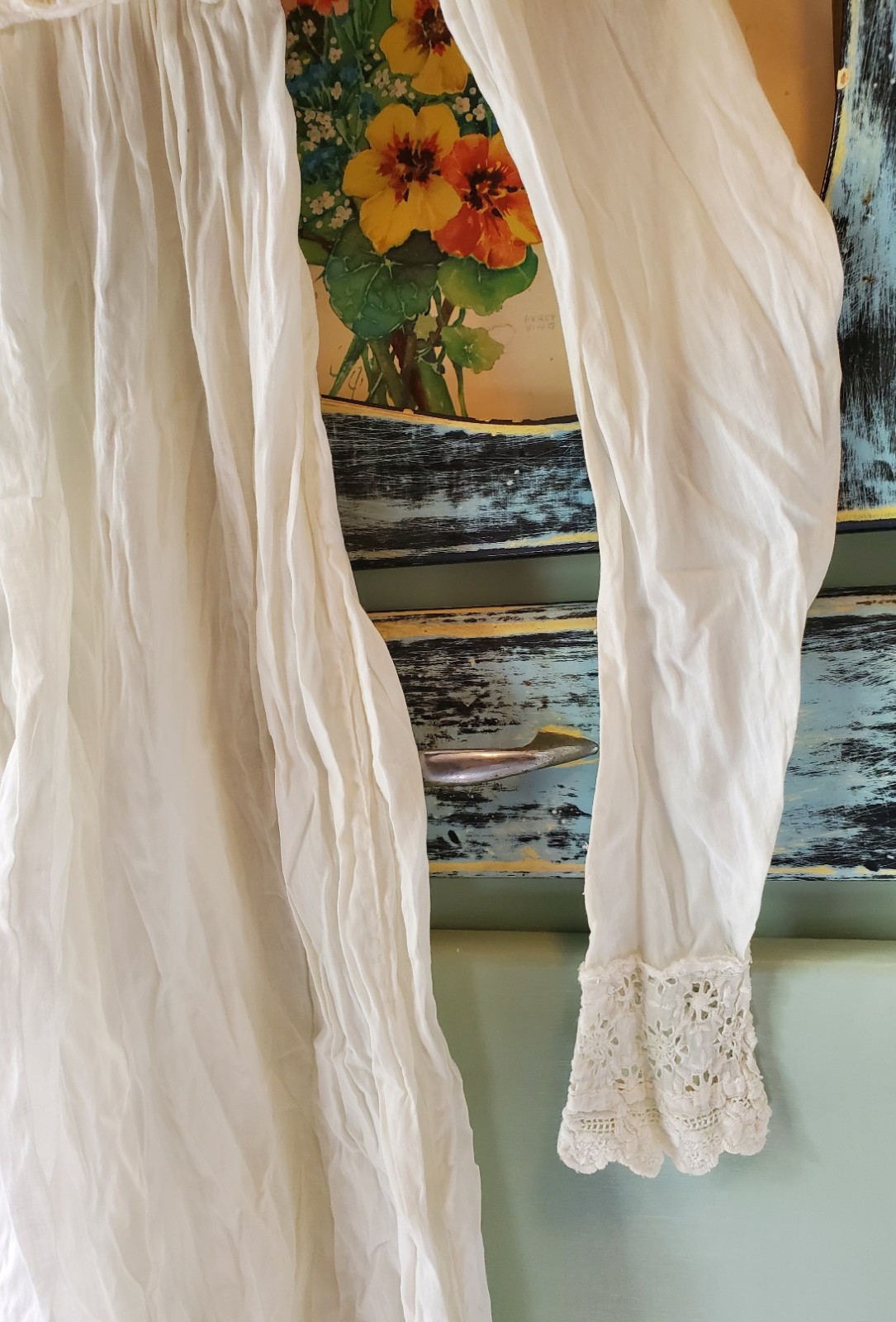 Antique Long Cotton Nightgown w/ Fancy Eyelet Bodice & Front Panel – XS/S