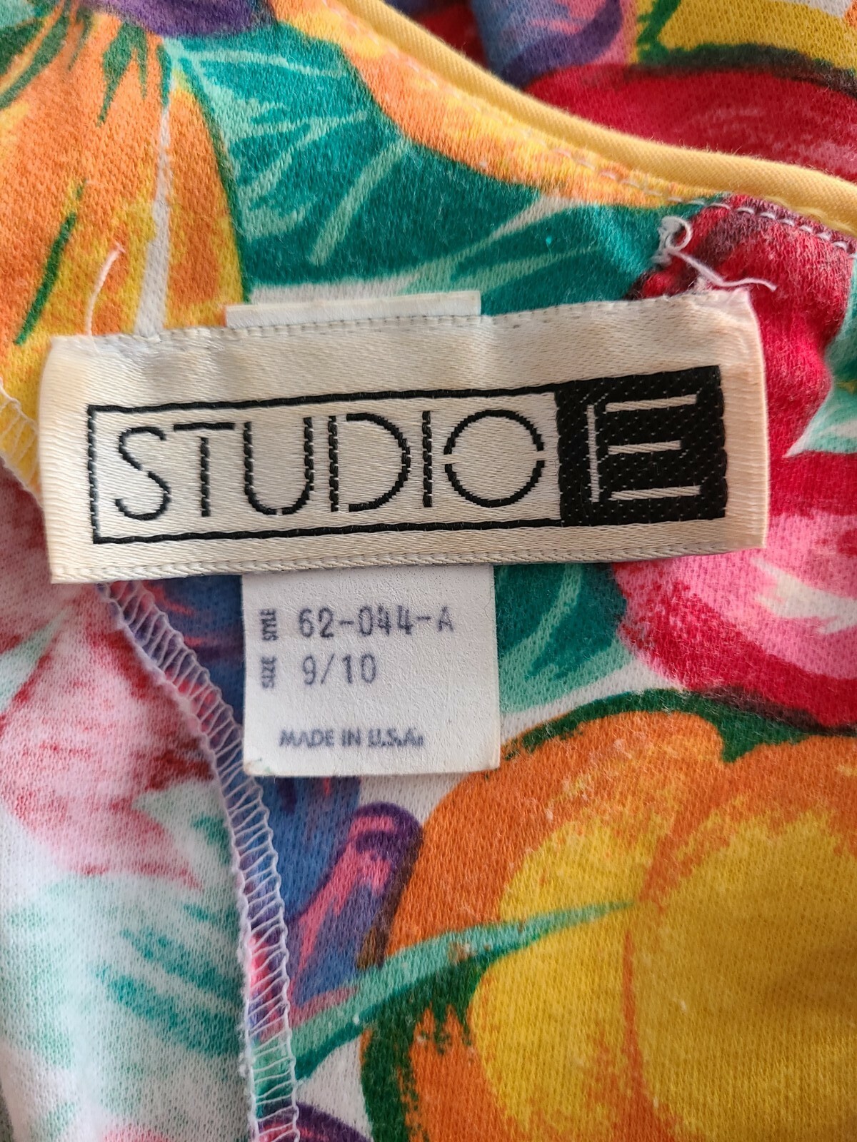 Vintage &rsquo;80s Studio E Bright Prairie Button Front Dress Fruit USA Size 9/10