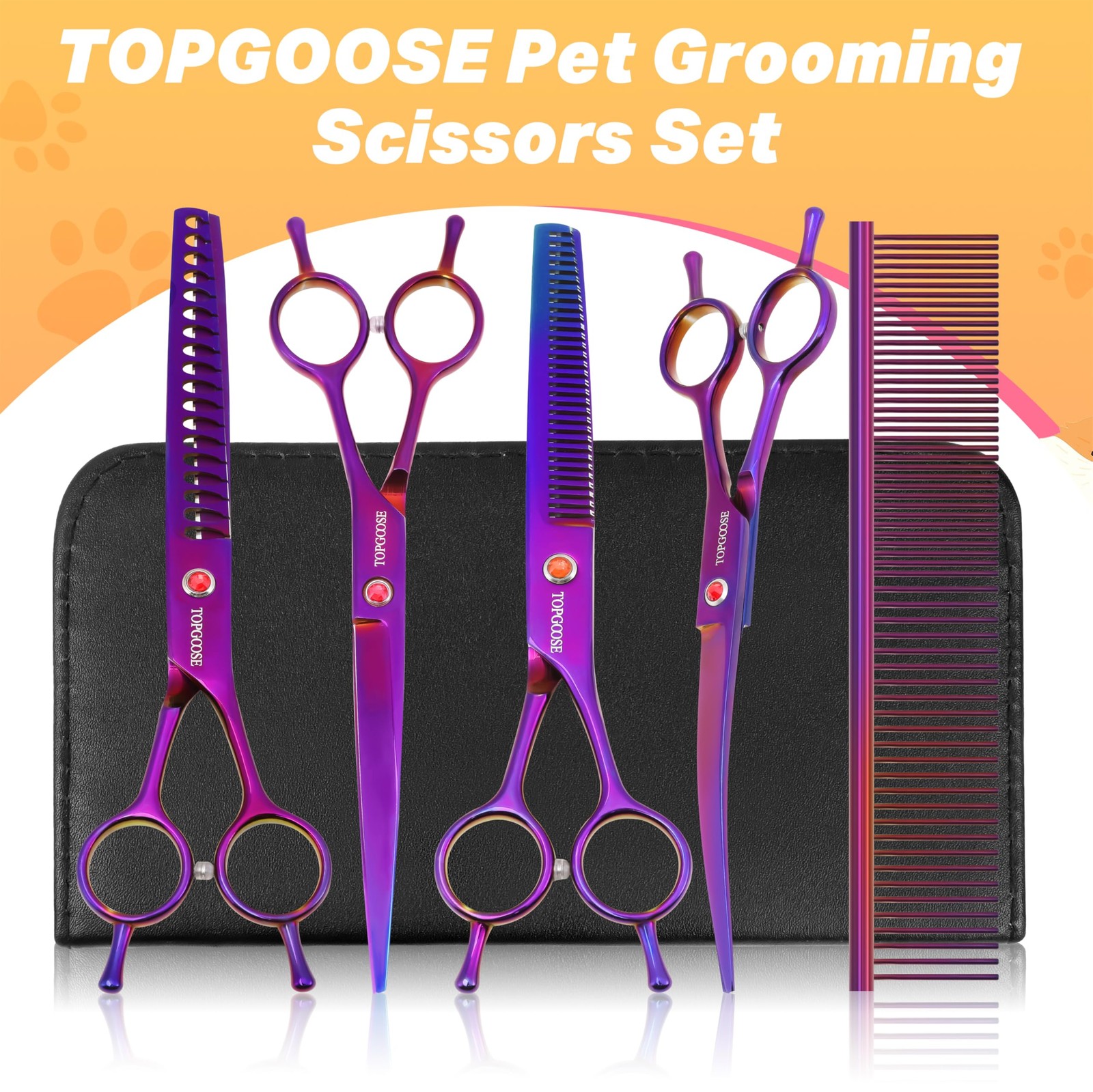 TOPGOOSE Dog Grooming Scissors Kit, Professional 6 in 1 Pet Scissors Sharp Shear